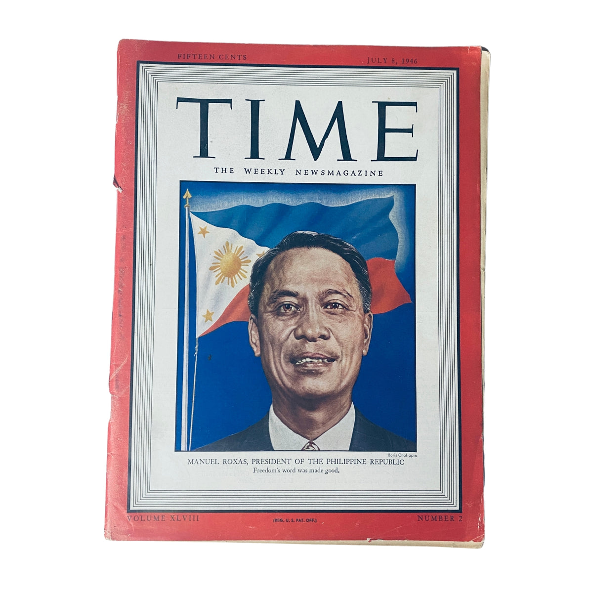 Cover of Time Magazine, July 8, 1946, featuring Manuel Roxas, President of the Philippine Republic, with national flags in the background and the title highlighting his historic leadership.