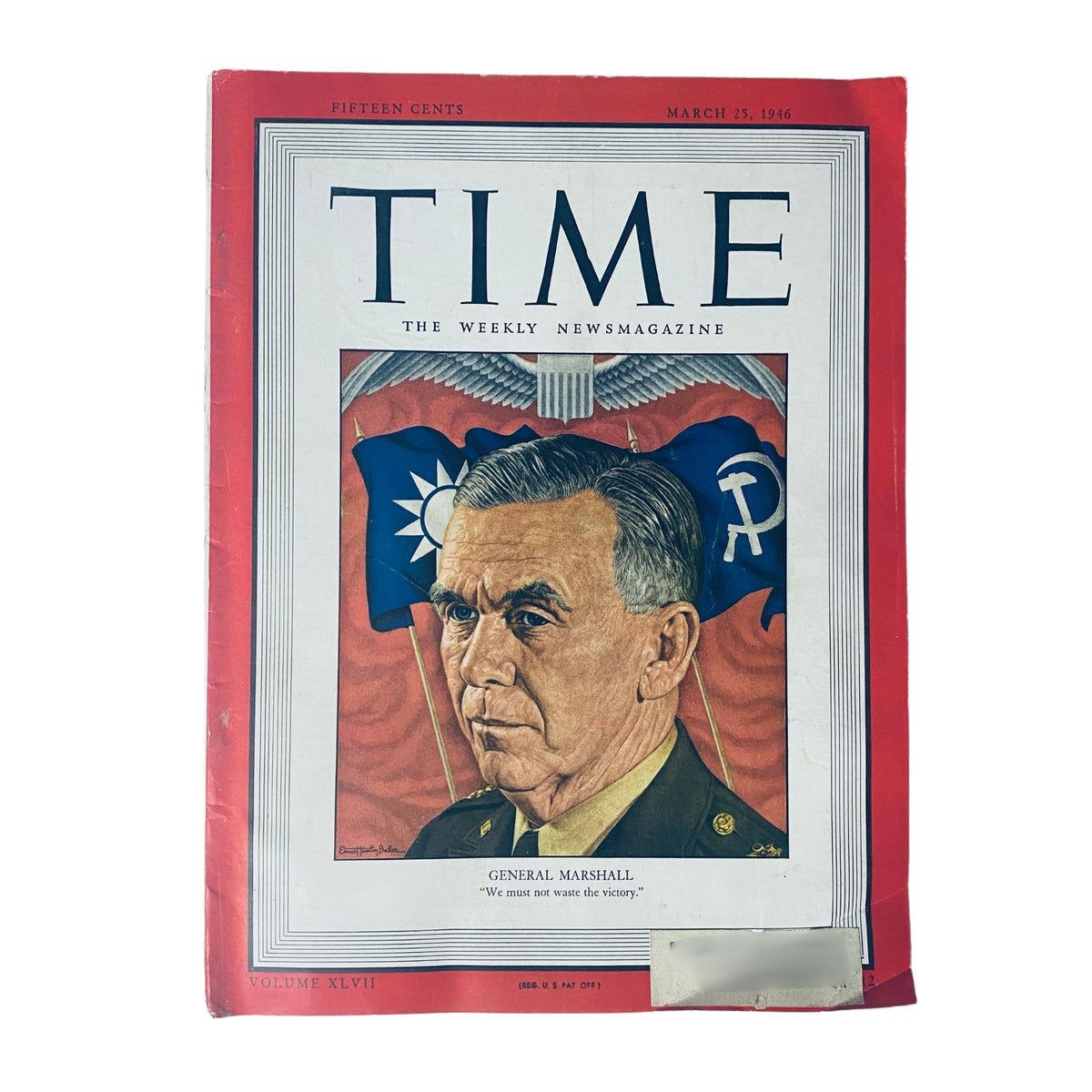 Time Magazine cover dated March 25, 1946 featuring General George C. Marshall, portraying the influential military leader with flags in the background and the quote 'We must not waste the victory.' The magazine is Volume 47, No. 12.