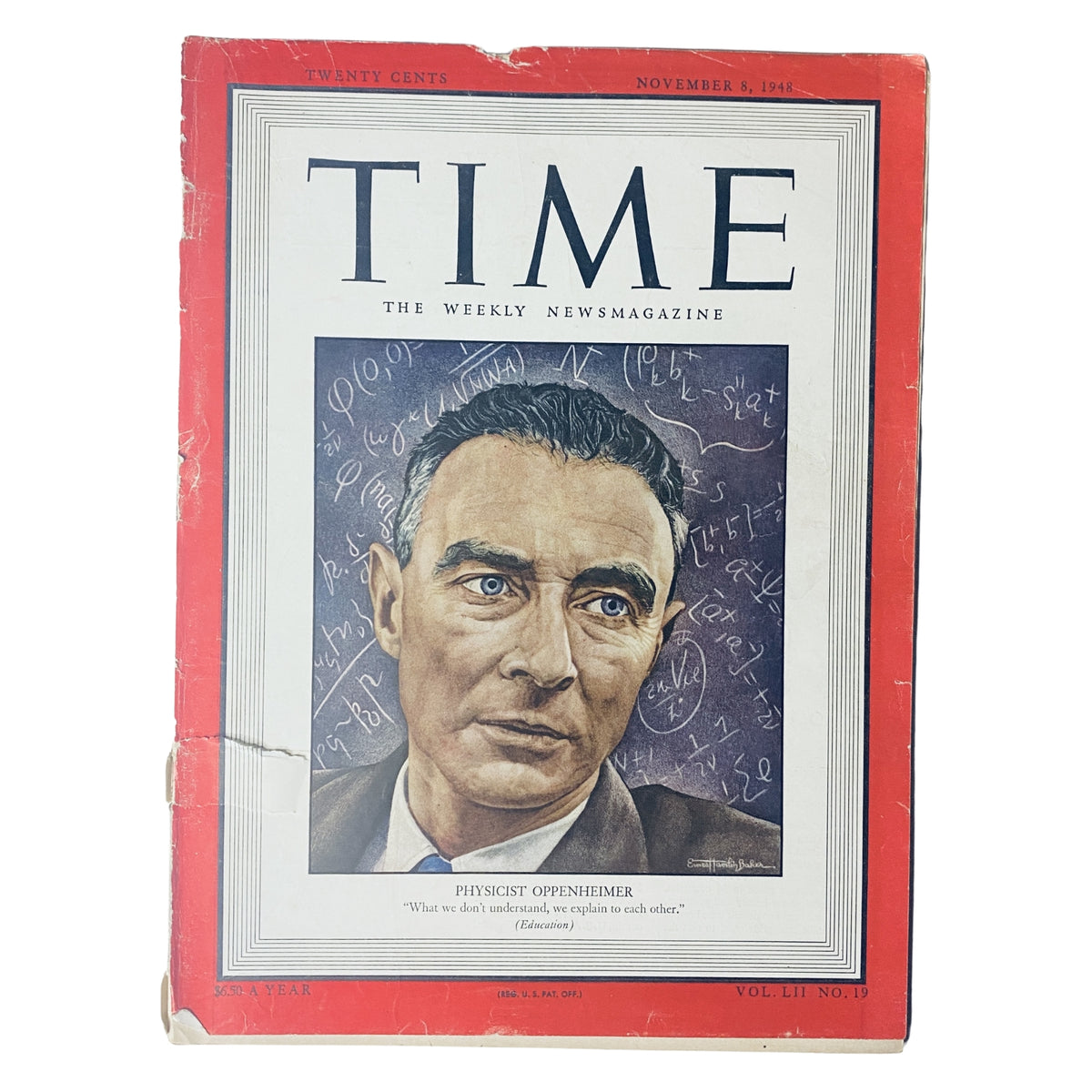 Cover of Time Magazine November 8, 1948 featuring J. Robert Oppenheimer, the renowned physicist and scientific director of the Manhattan Project, with a quote below him about understanding.