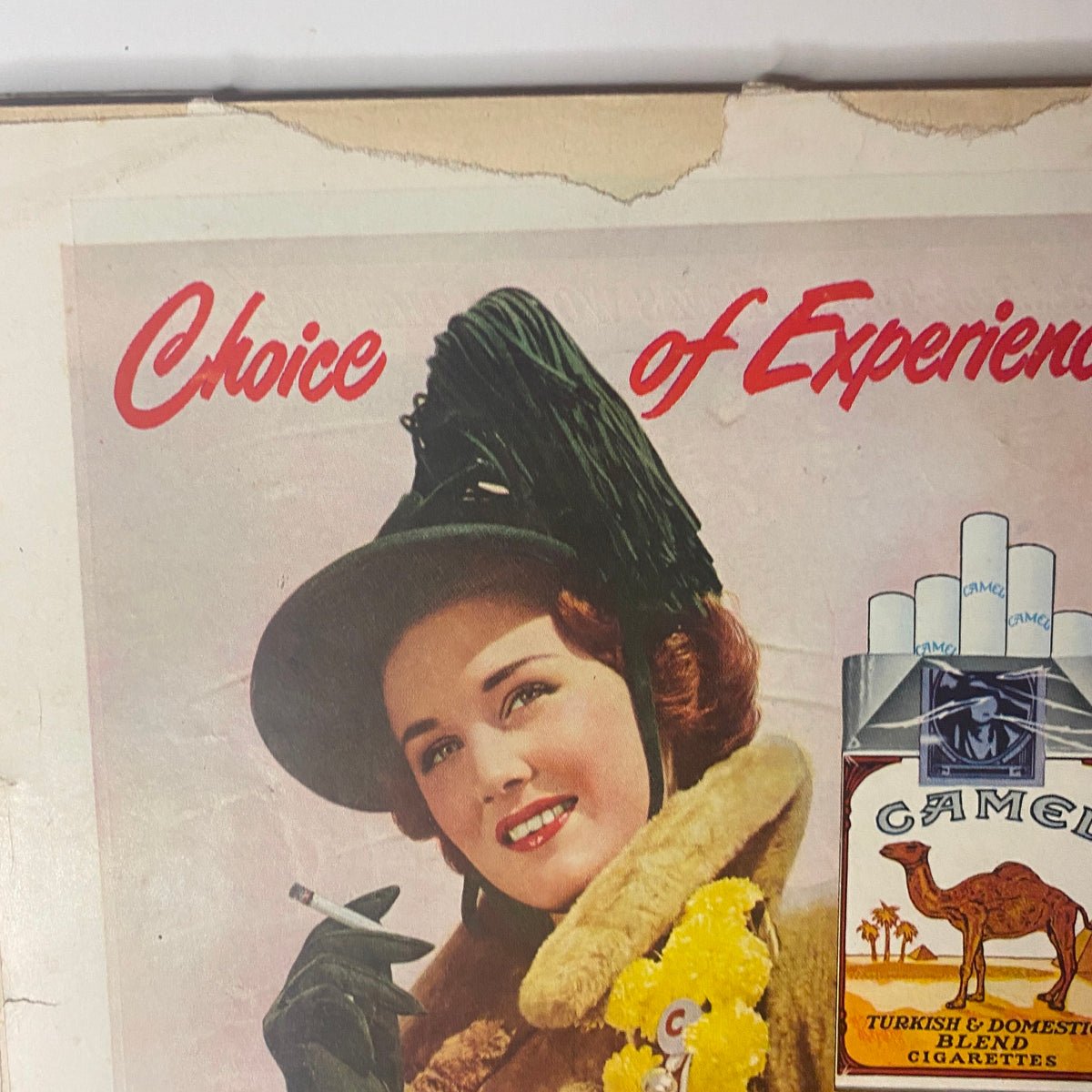 Close-up of Camel cigarette advertisement showcasing a stylish woman smiling while holding a cigarette, adorned with a feathered hat and floral accessories. Title referenced: Time Magazine November 8, 1948 J. Robert Oppenheimer.