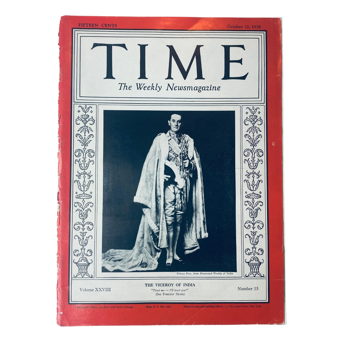 Time Magazine October 12, 1936, Vol 28 No. 15 cover featuring The Viceroy of India, depicting a man in formal attire with a cape, showcasing the magazine's vintage design.