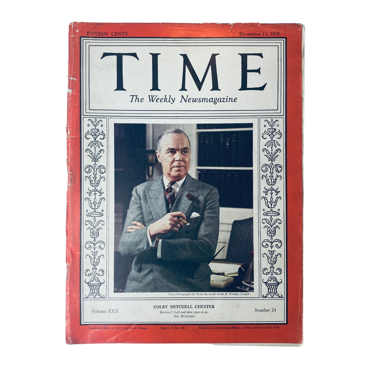 Time Magazine December 13, 1937 Vol 30 No. 24 featuring Colby Mitchell Chester on the cover, showcasing his influence in U.S. naval history and industry.