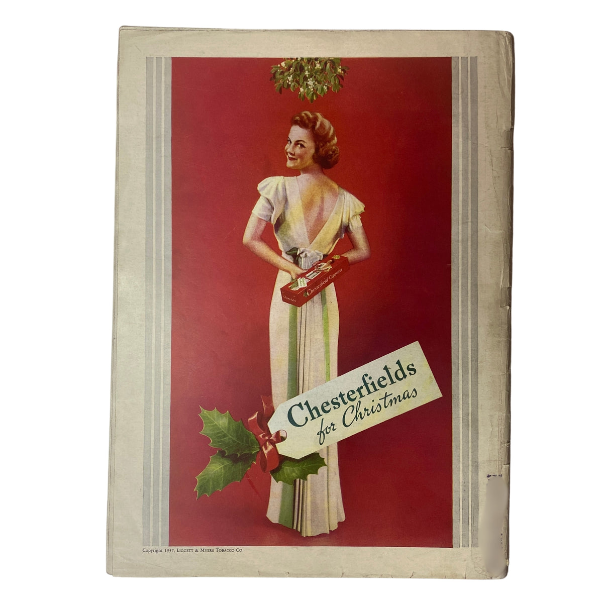 Back cover of Time Magazine December 13, 1937 featuring a vintage advertisement for Chesterfields, displaying a woman in a stylish dress holding a box of cigarettes with a festive background.
