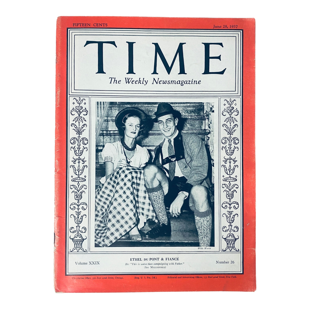 Time Magazine cover from June 28, 1937, featuring Ethel Du Pont and her fiancé, showcasing American high society in the 1930s with a striking red background.