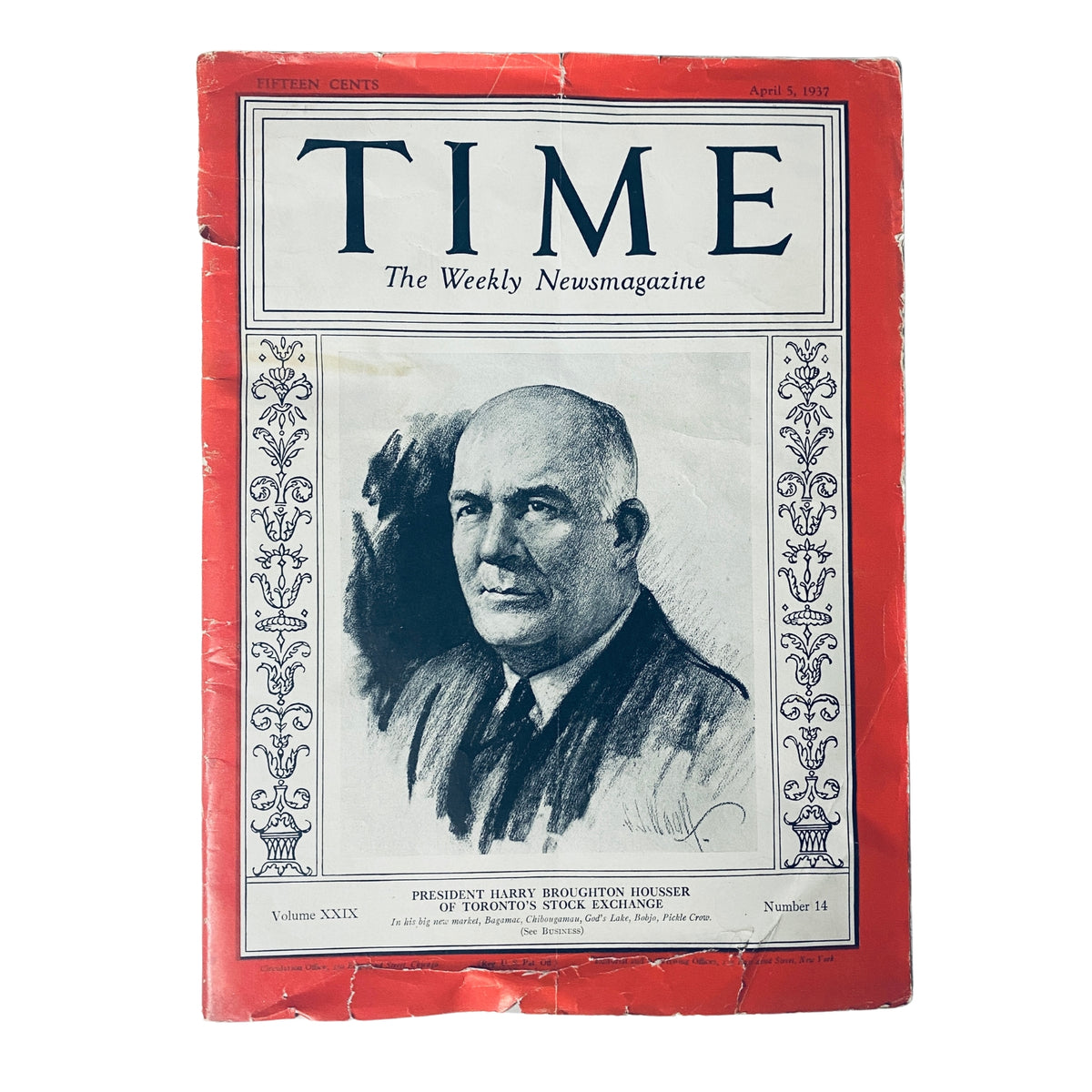 Time Magazine cover from April 5, 1937, Vol 29 No 14 featuring a portrait of Harry Broughton Housser, President of the Toronto Stock Exchange, highlighting North American financial history.