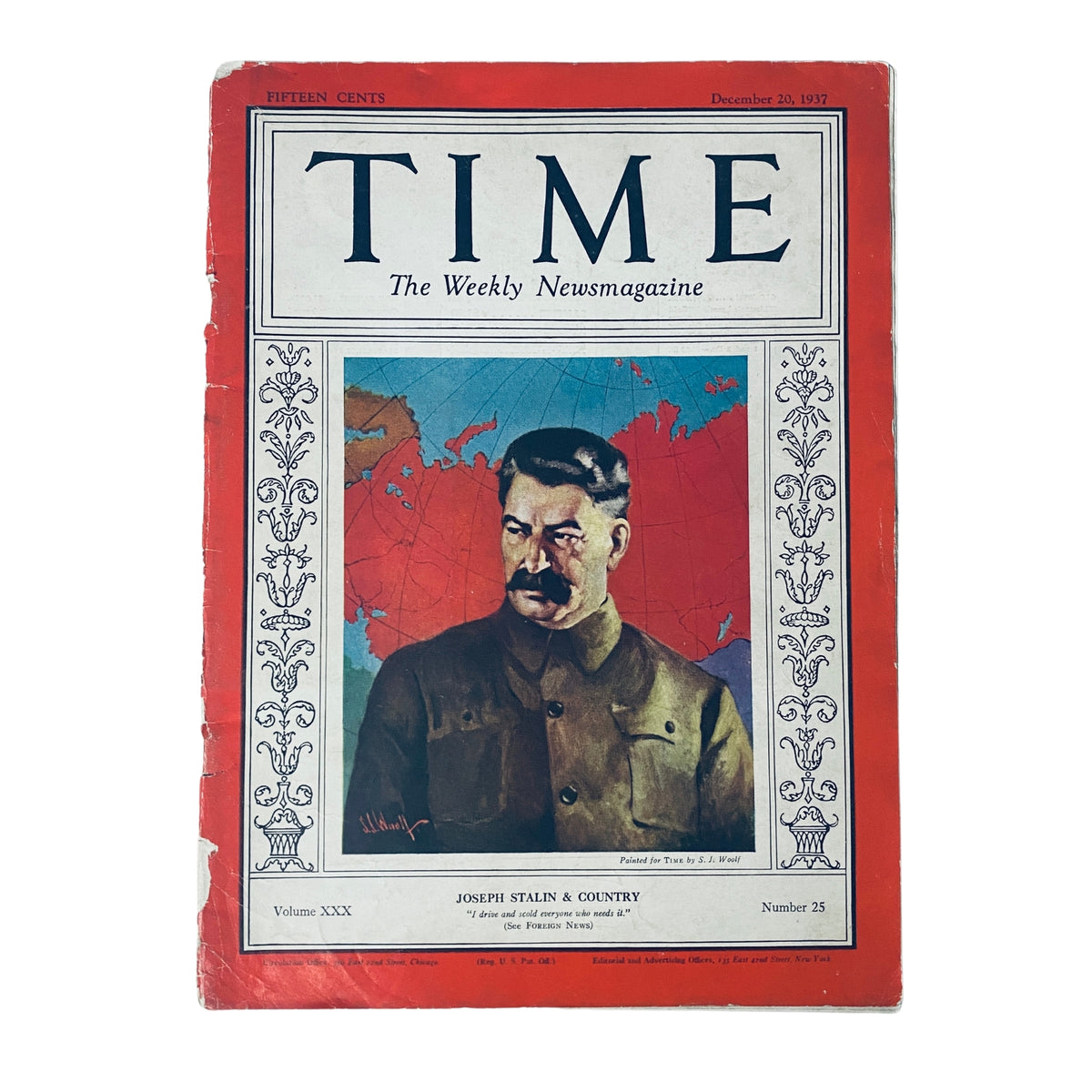 Time Magazine December 20, 1937 Vol 30 No. 25 featuring Joseph Stalin on the cover, showcasing a historic portrayal amidst a colorful world map background.