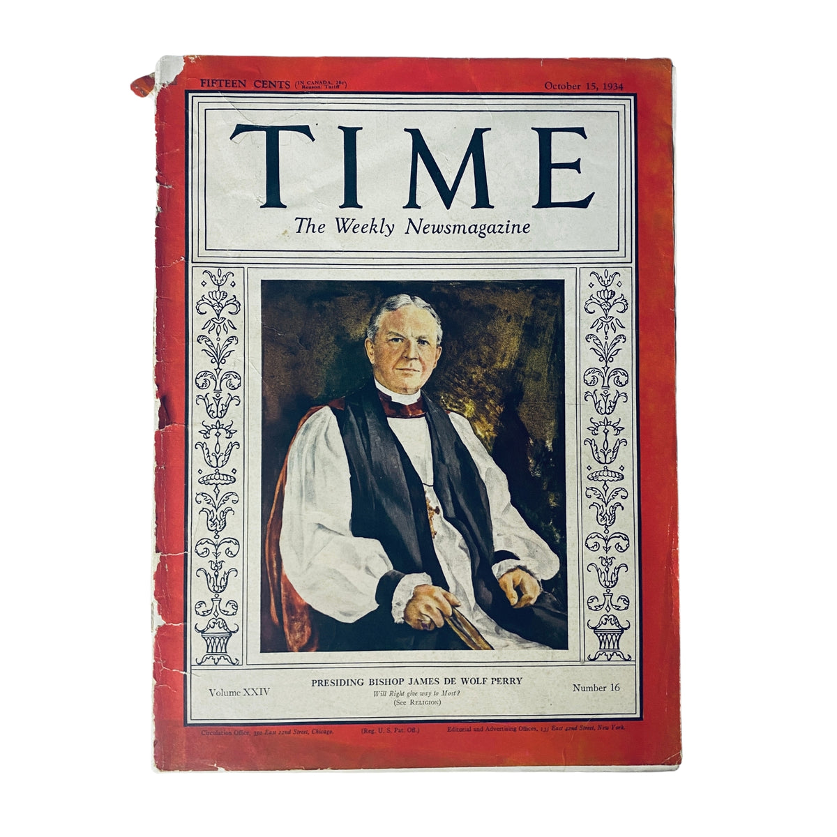 Time Magazine cover from October 15, 1934, featuring Presiding Bishop James De Wolf Perry, historical publication details in upper text.