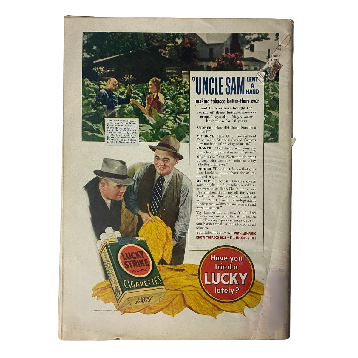 Back cover of Time Magazine January 22, 1940, highlighting an advertisement for Lucky Strike cigarettes, with an image of tobacco farmers and product branding.