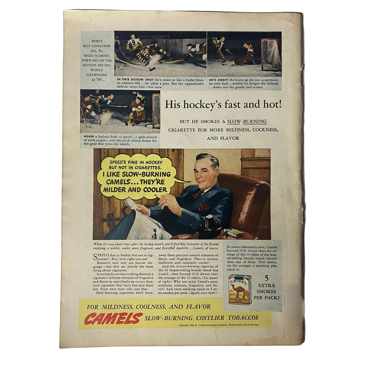 Back cover of Time Magazine January 15, 1940 Vol 35 No. 3 featuring an advertisement for Camels cigarettes and an illustration related to hockey, reflecting the cultural context of the time.