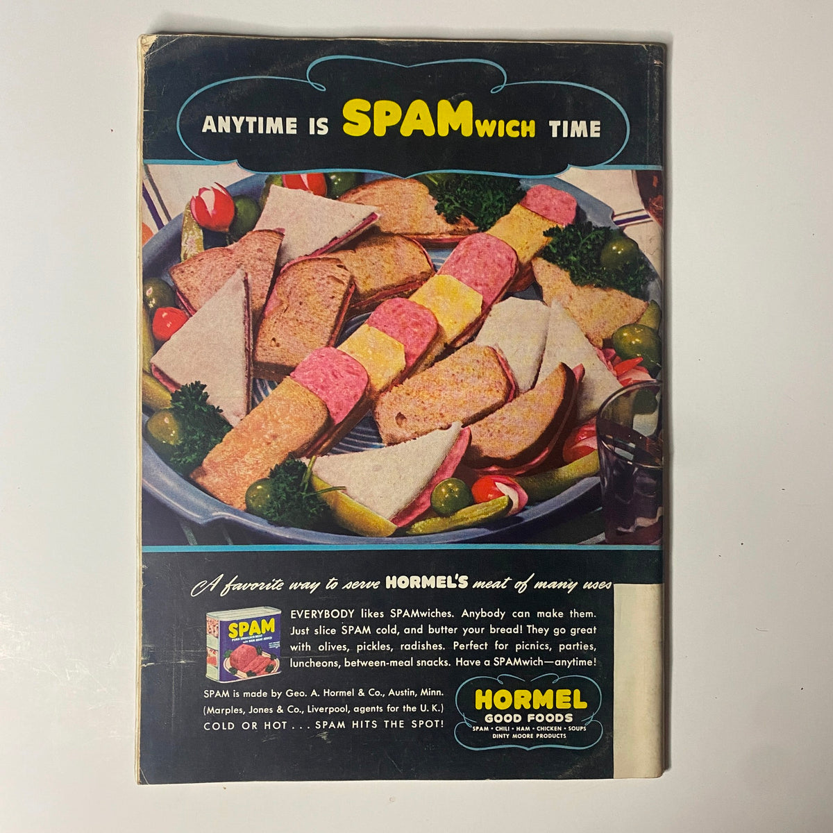 Vintage advertisement featuring a colorful assortment of Spamwiches, with the tagline 'Anytime is SPAMwich Time,' promoting Hormel's versatile meat products.