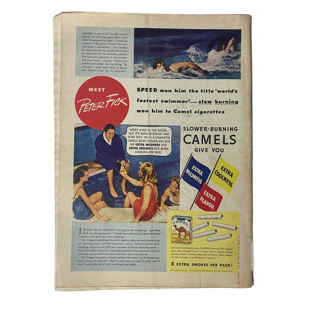 Back cover of Time Magazine from July 1, 1940, featuring an advertisement for Camel cigarettes with a focus on swimmer Peter Fick, promoting the brand's extra mildness and slow-burning qualities.