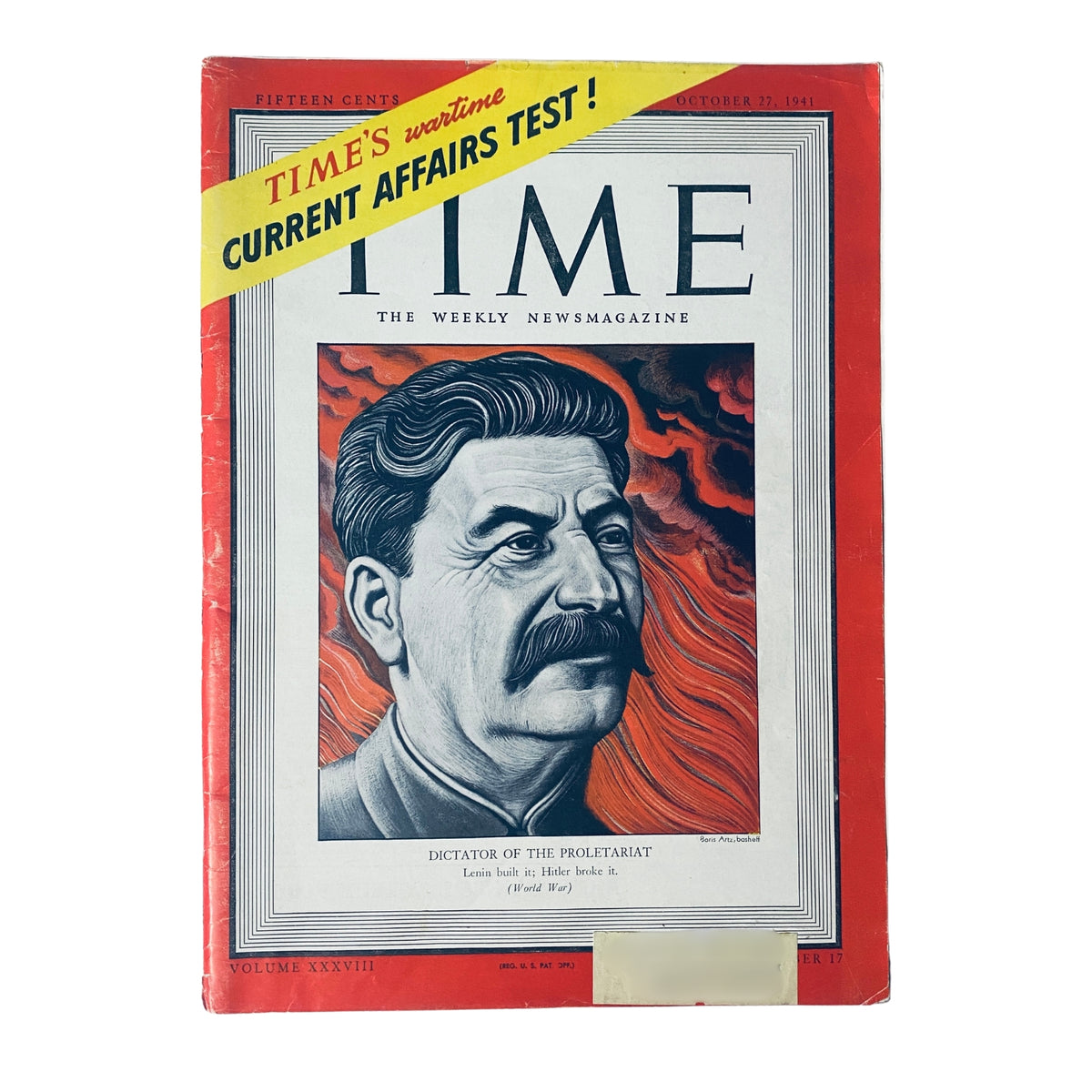 Time Magazine October 27, 1941 Vol 38 No. 17 cover featuring dictator Joseph Stalin, showcasing wartime imagery and a statement about his leadership during World War II.