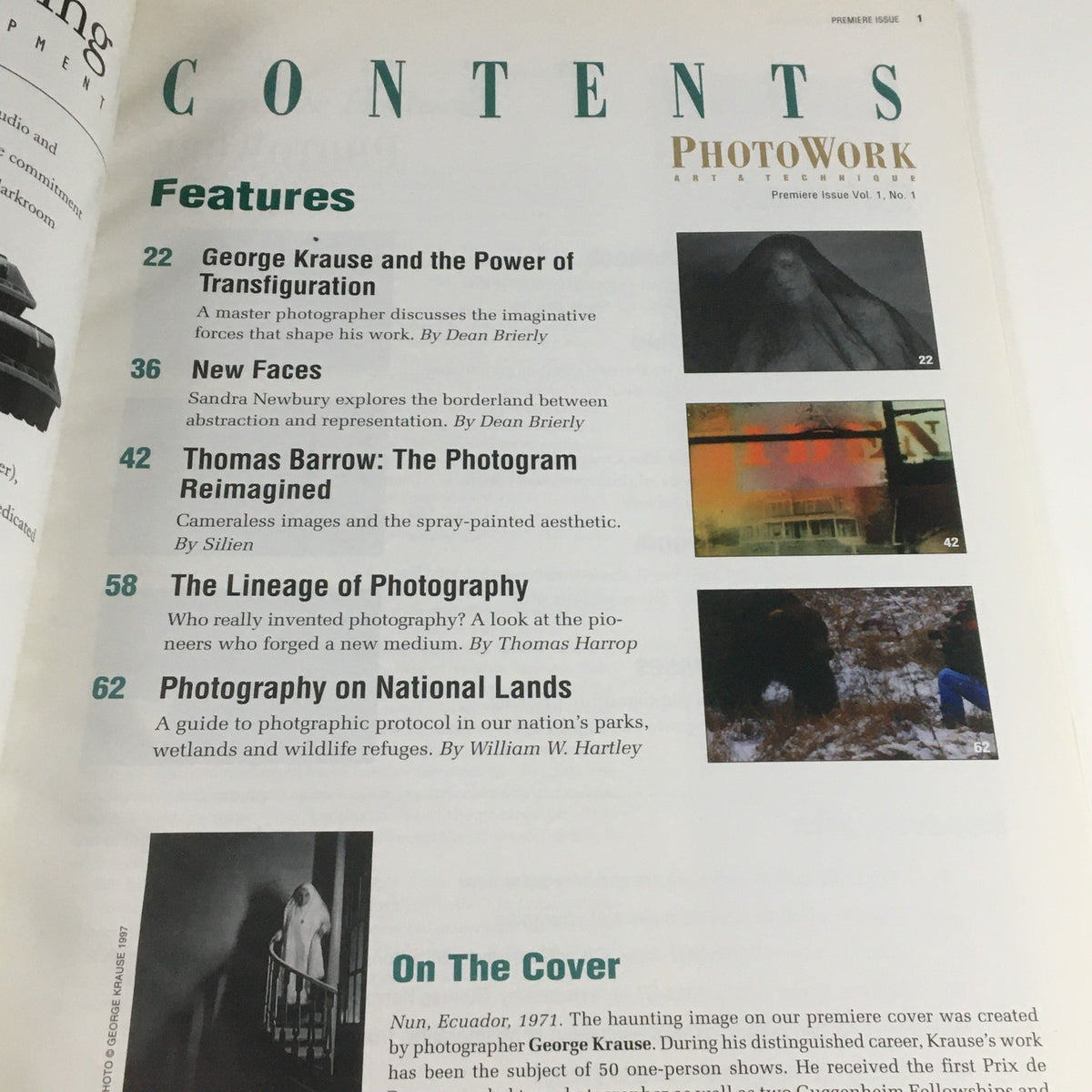 Contents page of Photo Work Art & Technique Magazine 1997 featuring articles by notable photographers including George Krause, New Faces, Thomas Barrow, and The Lineage of Photography.