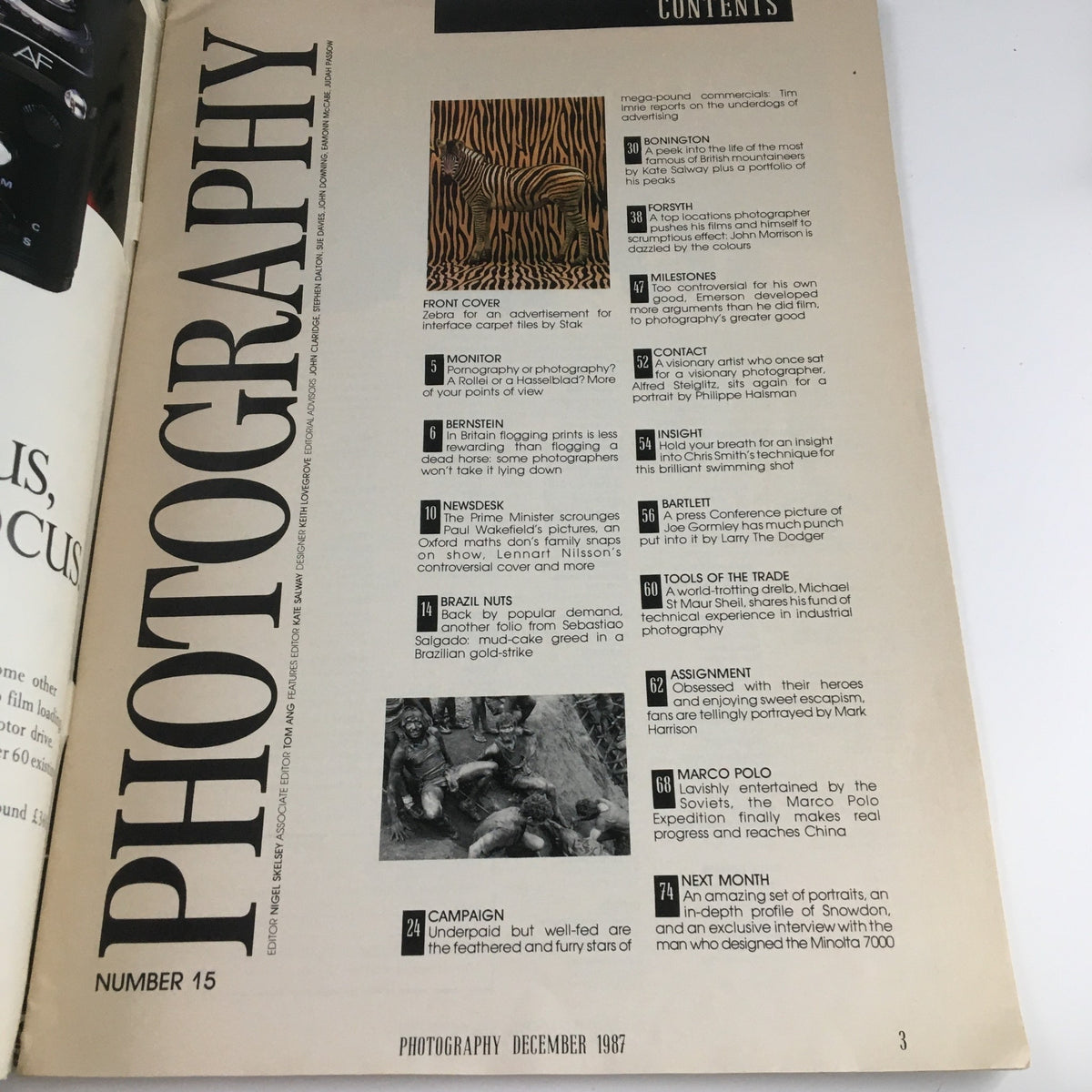 Contents page of Photography Magazine December 1987, titled 'Animals Earning Their Stripes'. Featuring various articles related to photography and wildlife, showcasing photographic techniques and insights.