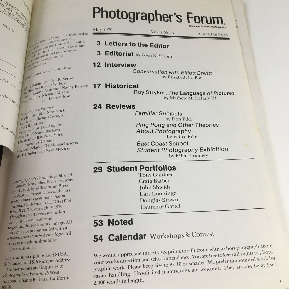 Interior page of Photographer's Forum Vol 1 #3 May 1979 showcasing the table of contents with insights by Roy Stryker on the 'Language of Pictures'.
