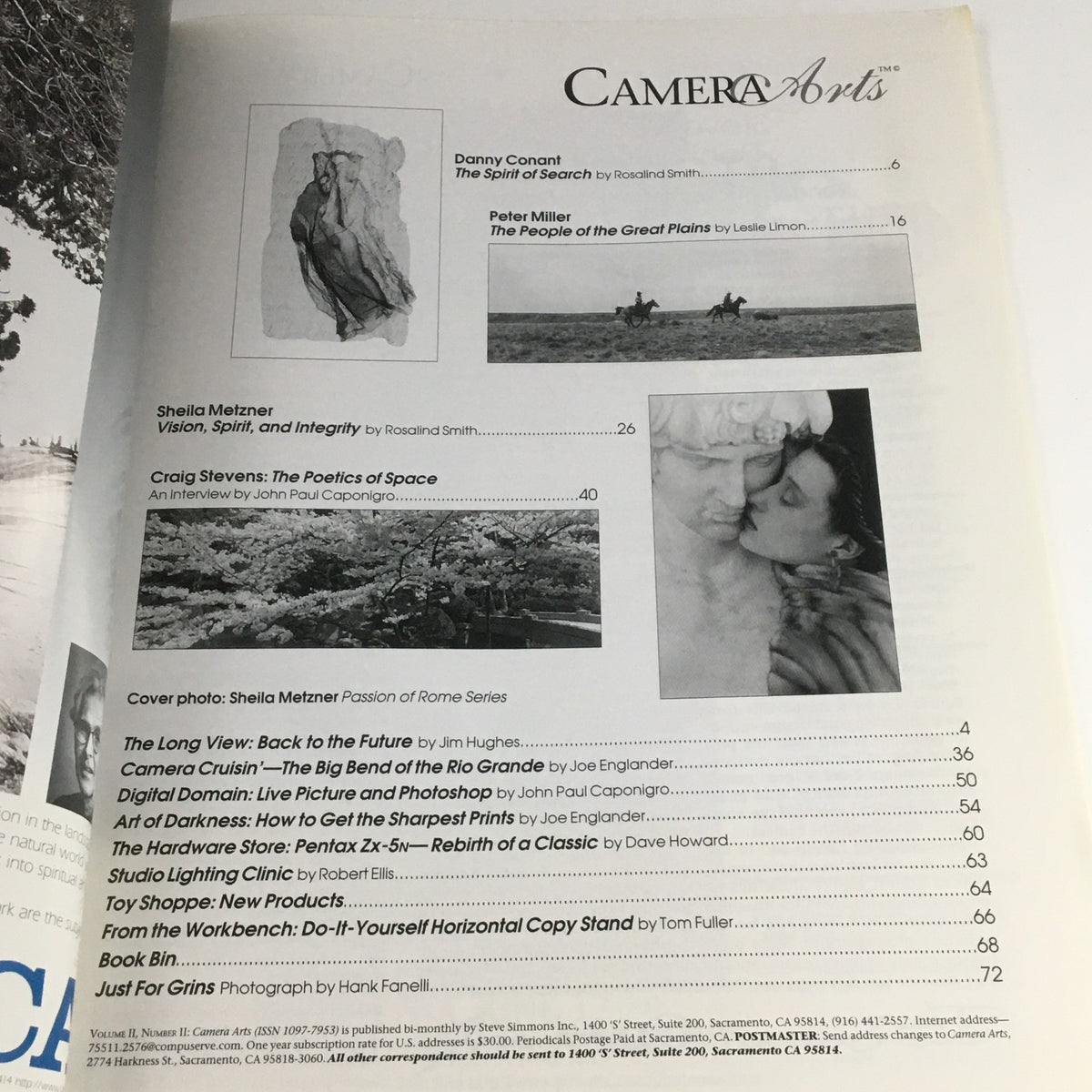 Table of contents from Camera Arts Magazine April 1998, highlighting articles including 'The Spirit of Search' by Danny Conant.