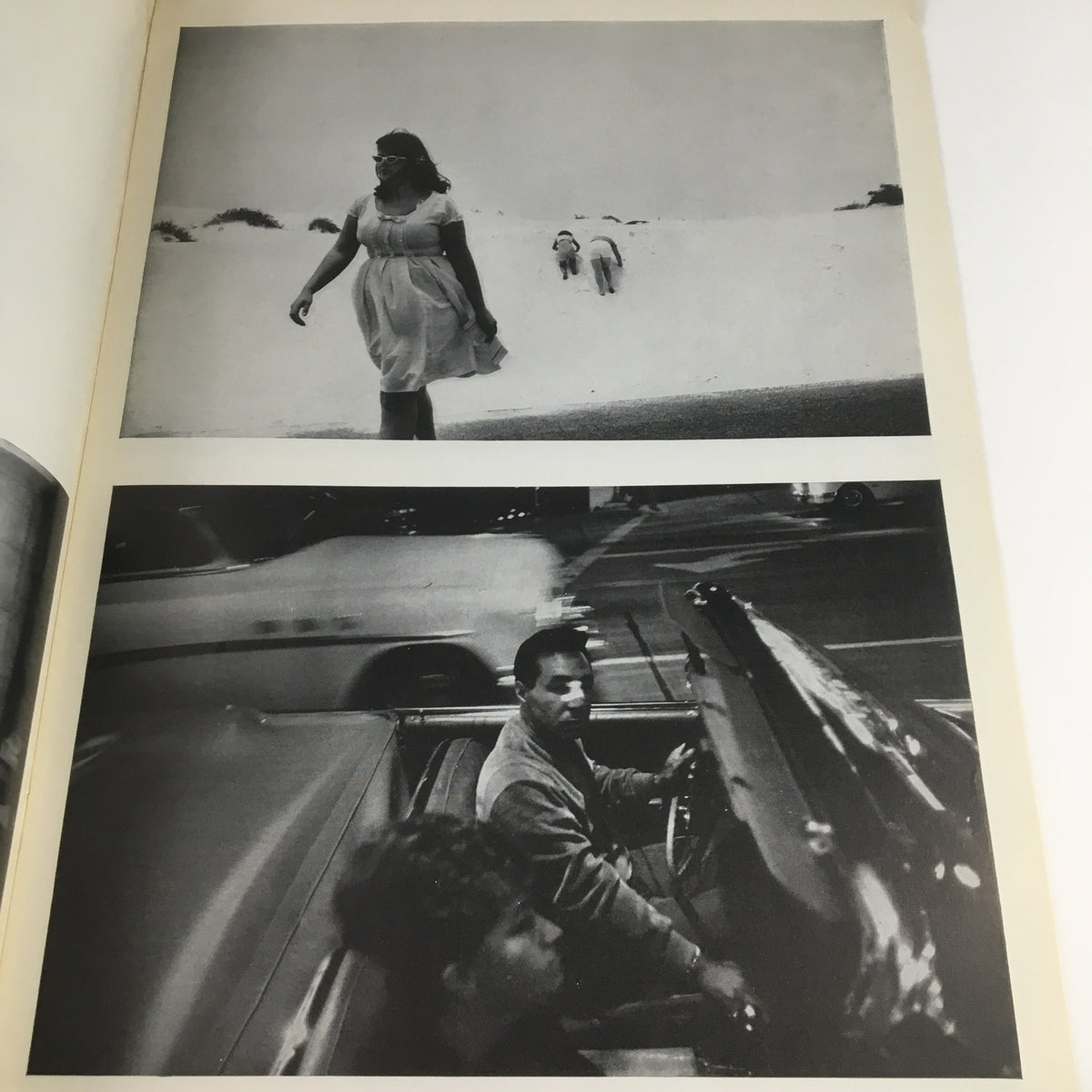 Inside pages of Creative Camera Magazine August 1969 showcasing Gary Winogrand's photography, featuring two images: a woman on a beach and a man in a car.