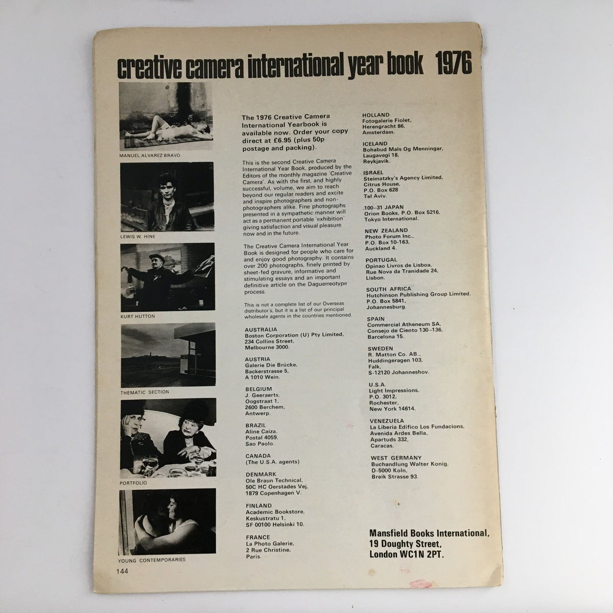 Back cover of the Creative Camera Magazine April 1976 featuring an overview of international yearbook order information, including listings from various countries and notable photographers.