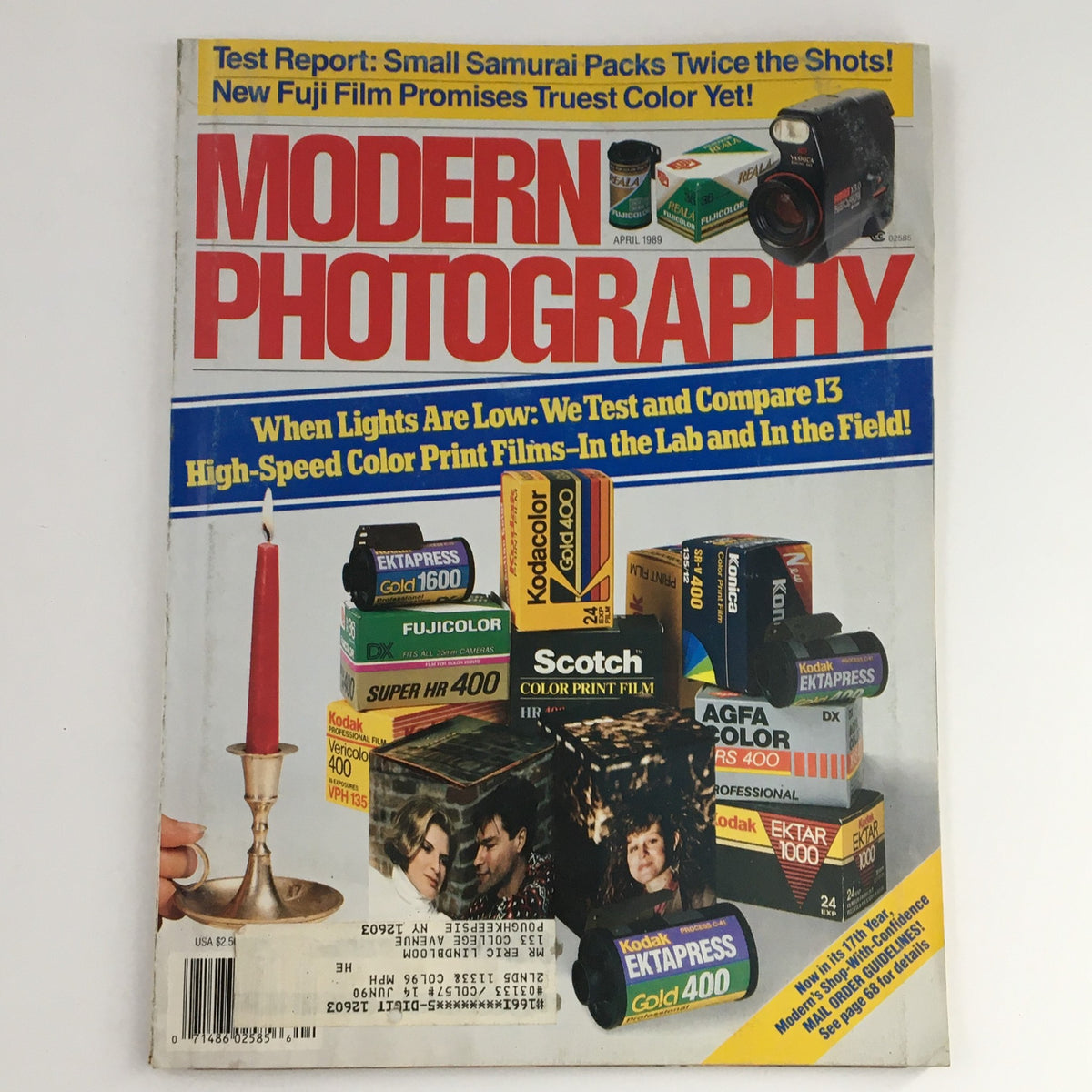 Modern Photography Magazine April 1989 cover featuring high-speed color print films comparison, showcasing various film brands and photography equipment.