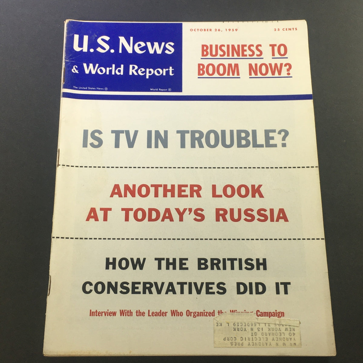 Cover of the U.S. News & World Report Magazine from October 26, 1959, featuring the title 'Business To Boom Now?' along with articles on TV, Russia, and British Conservatives, showcasing a glimpse into the economic and cultural climate of the late 1950s.