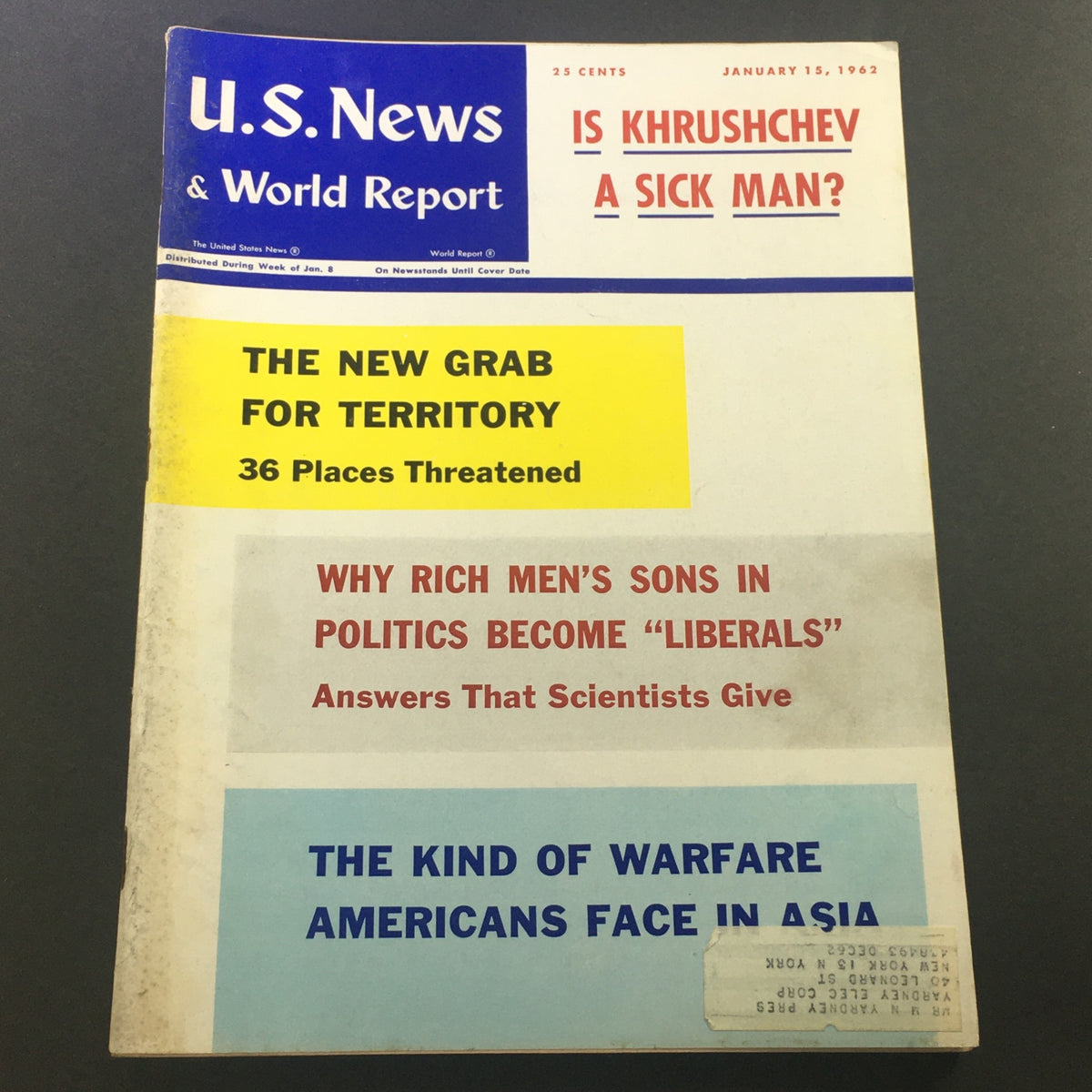 Cover of the VTG U.S. News & World Report Magazine January 15 1962 featuring the headline 'Is Khrushchev a Sick Man?' with articles on territorial threats and political liberalism.