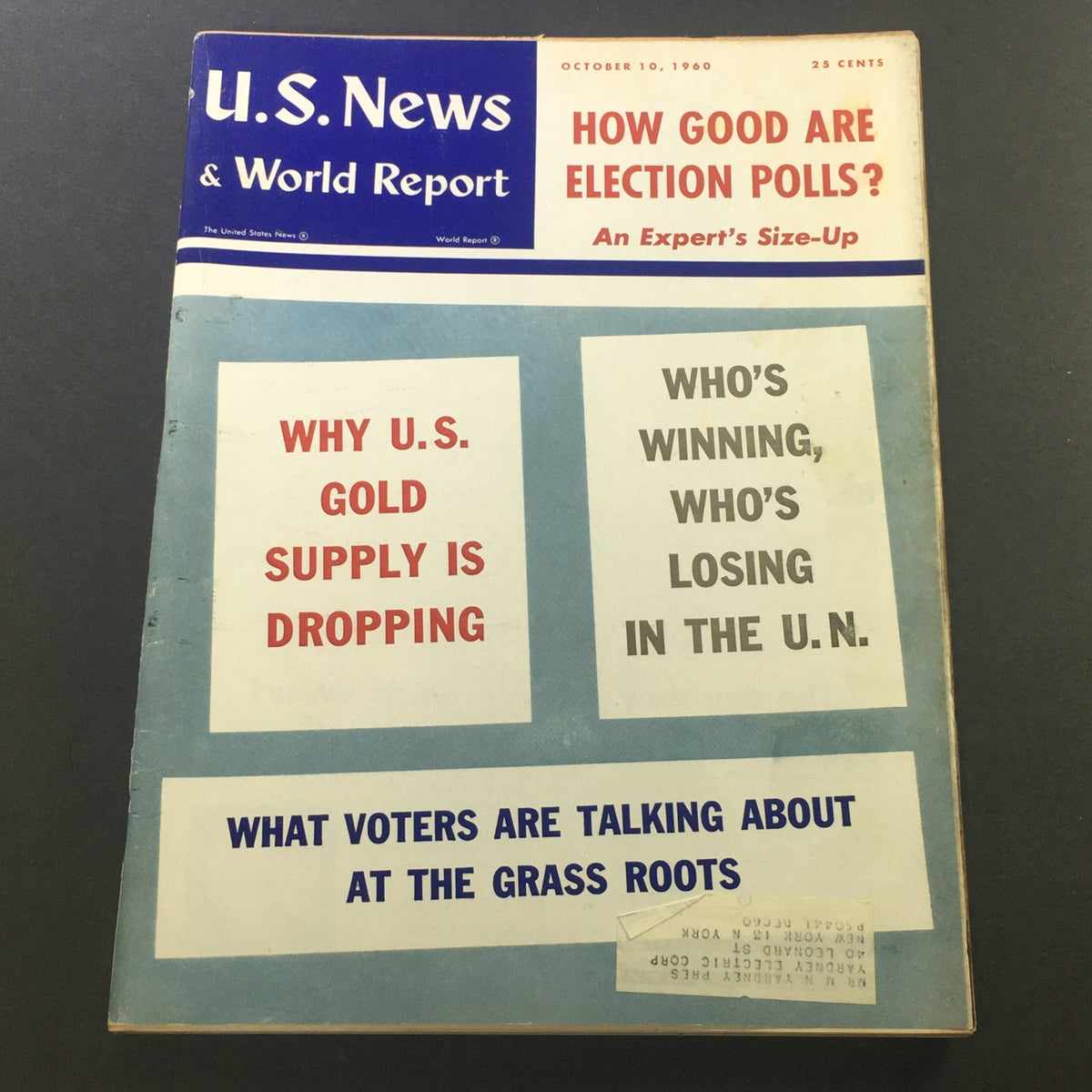 Vintage U.S. News & World Report magazine cover from October 10, 1960, featuring the title 'Who's Losing In The U.N.' along with topics on U.S. gold supply and election polls.