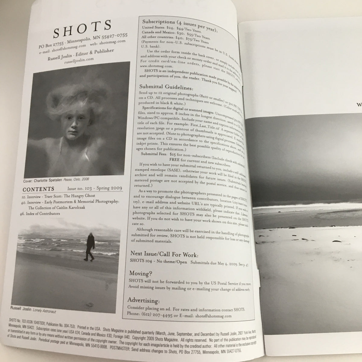 Interior page of Inside Shots Magazine Spring 2009 Issue #103 displaying the contents section and showcasing the intriguing black and white imagery, emphasizing the magazine's creative direction.