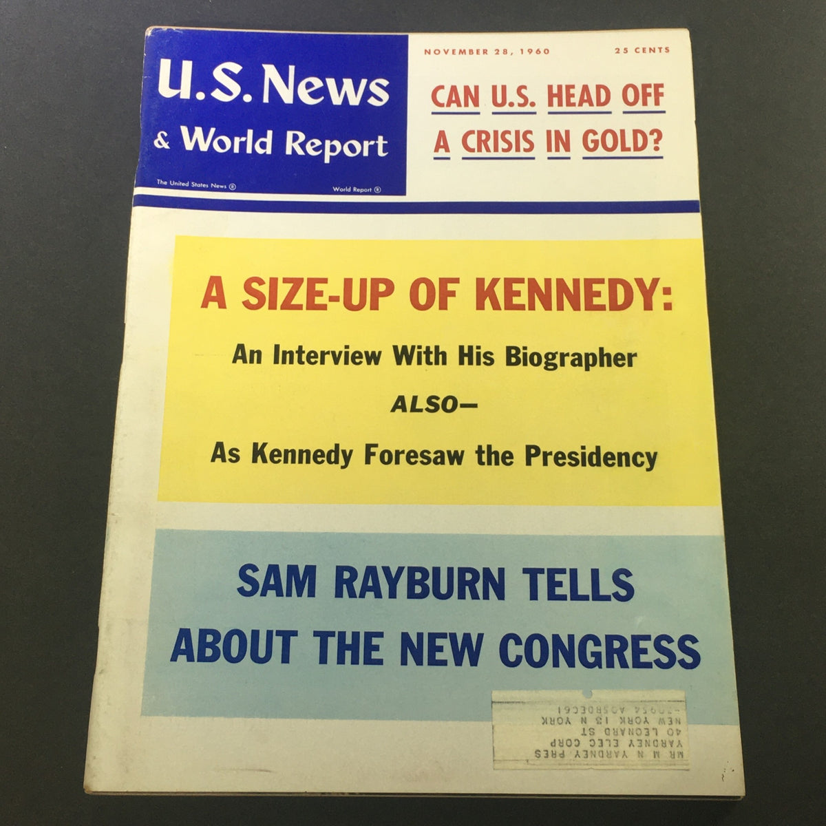 Cover of the VTG U.S. News & World Report Magazine from November 28, 1960, featuring a size-up of John Kennedy, highlighting articles such as an interview with his biographer and insights into Kennedy's perspective on the presidency.