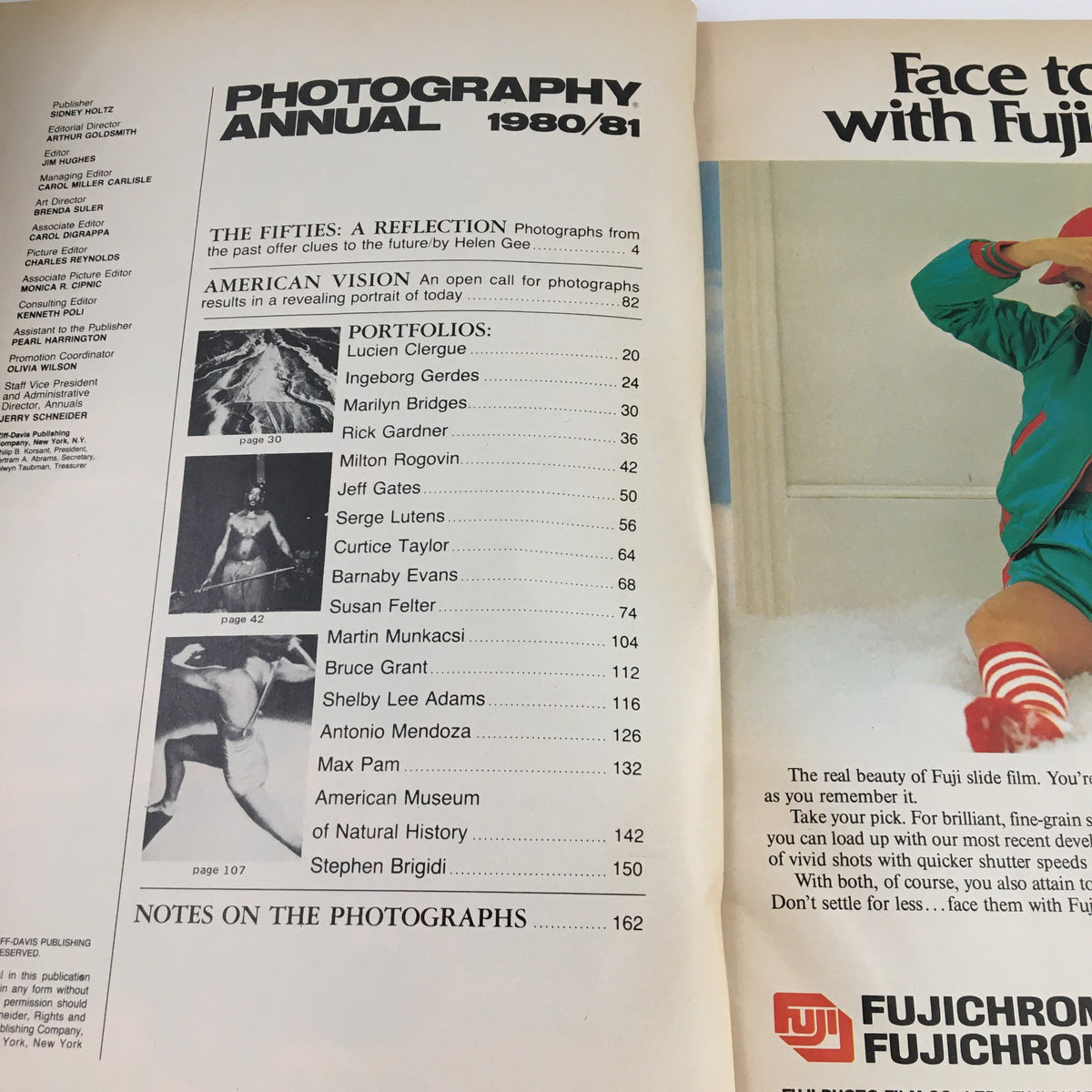 Page from Photograph Annual 1980-1981 featuring The Fifties, A Reflection & Lucien Clergue Portfolio, showcasing photographs and credits including Lucien Clergue, Marilyn B. Rogovin, and Jeff Gardner.