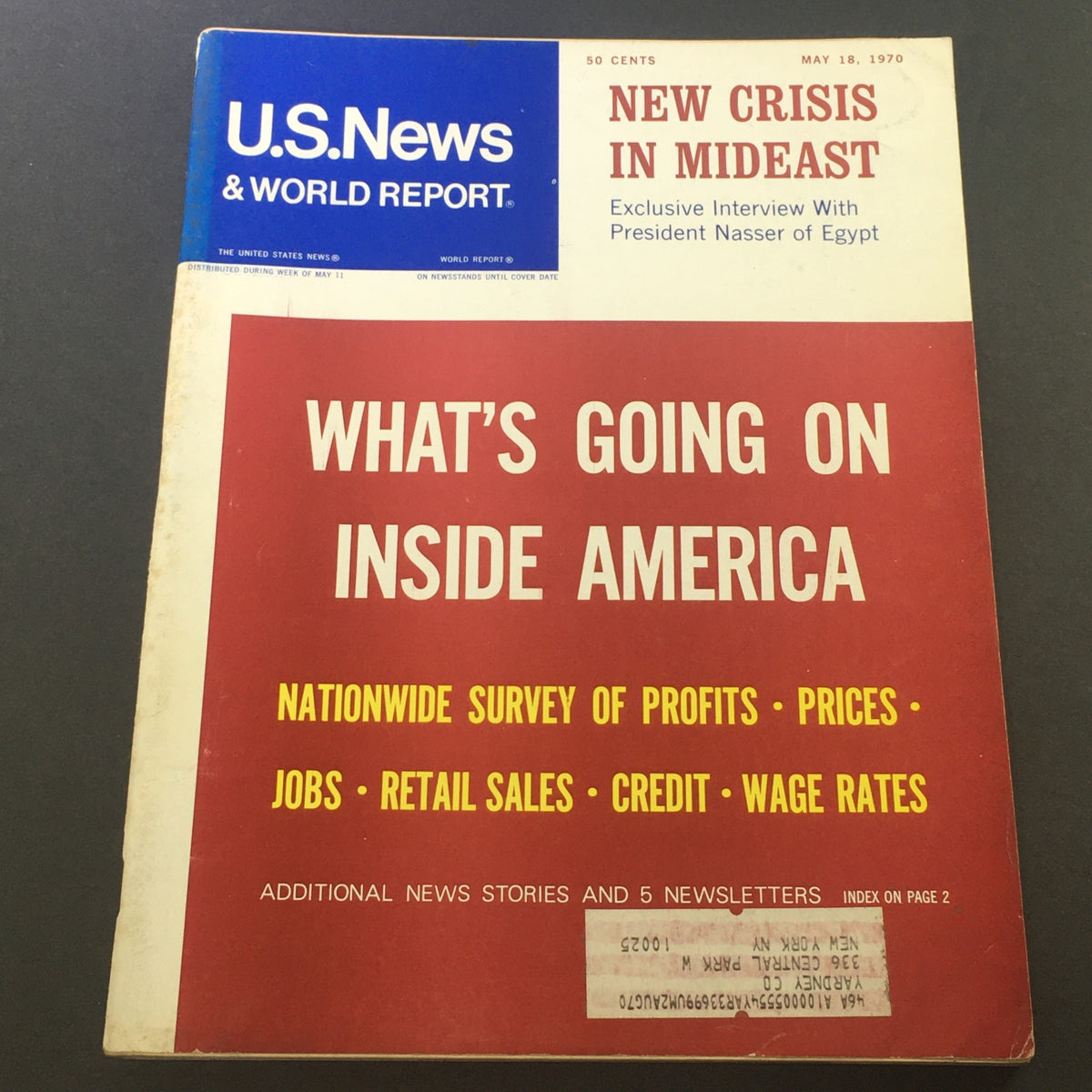 Cover of U.S. News & World Report Magazine from May 18, 1970, featuring the headline 'New Crisis in Mideast' and an exclusive interview with President Nasser of Egypt. The magazine also includes a feature on U.S. economic issues.