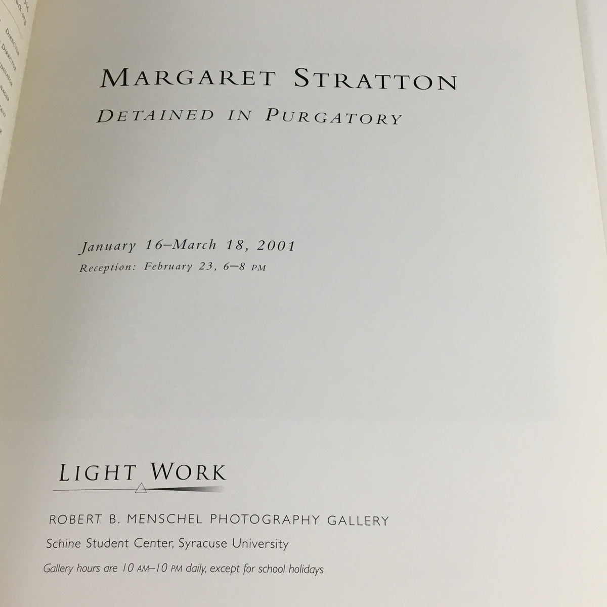 Inside page of Contact Sheet Number 110 January 2001 displaying exhibition details for Margaret Stratton's work 'Detained in Purgatory', featured at the Light Work Gallery.