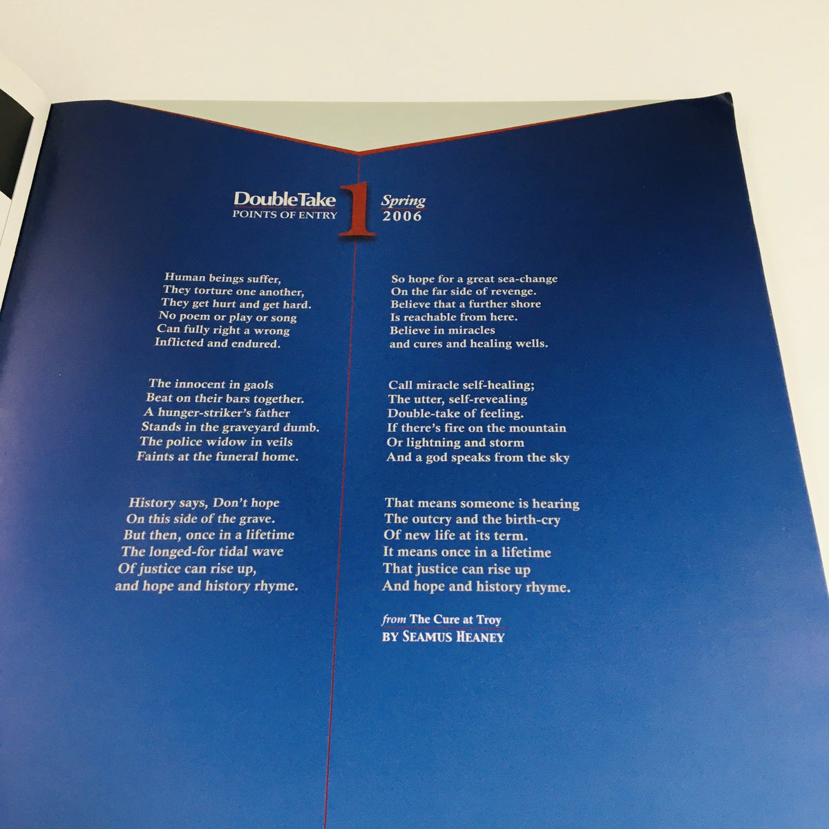 Inside page of Doubletake Points of Entry 1:1 Spring 2006, displaying text and a poetic reflection on human suffering and resilience.