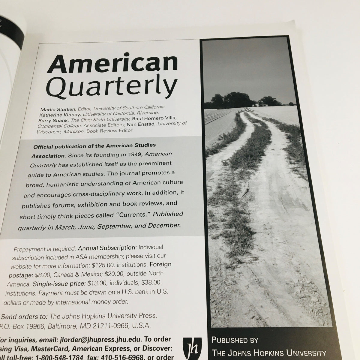 Official publication information page for American Quarterly, a journal promoting American cultural studies.