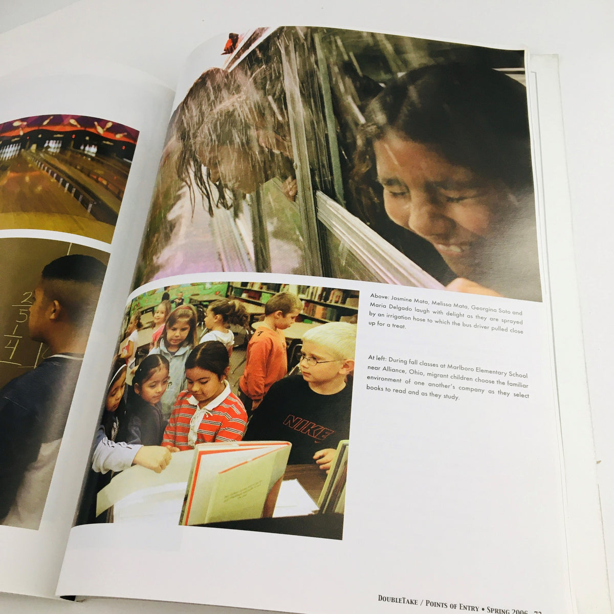 Inside page of Doubletake Points of Entry 1:1 Spring 2006, featuring children engaging with books at a school, highlighting education in the migrant community.