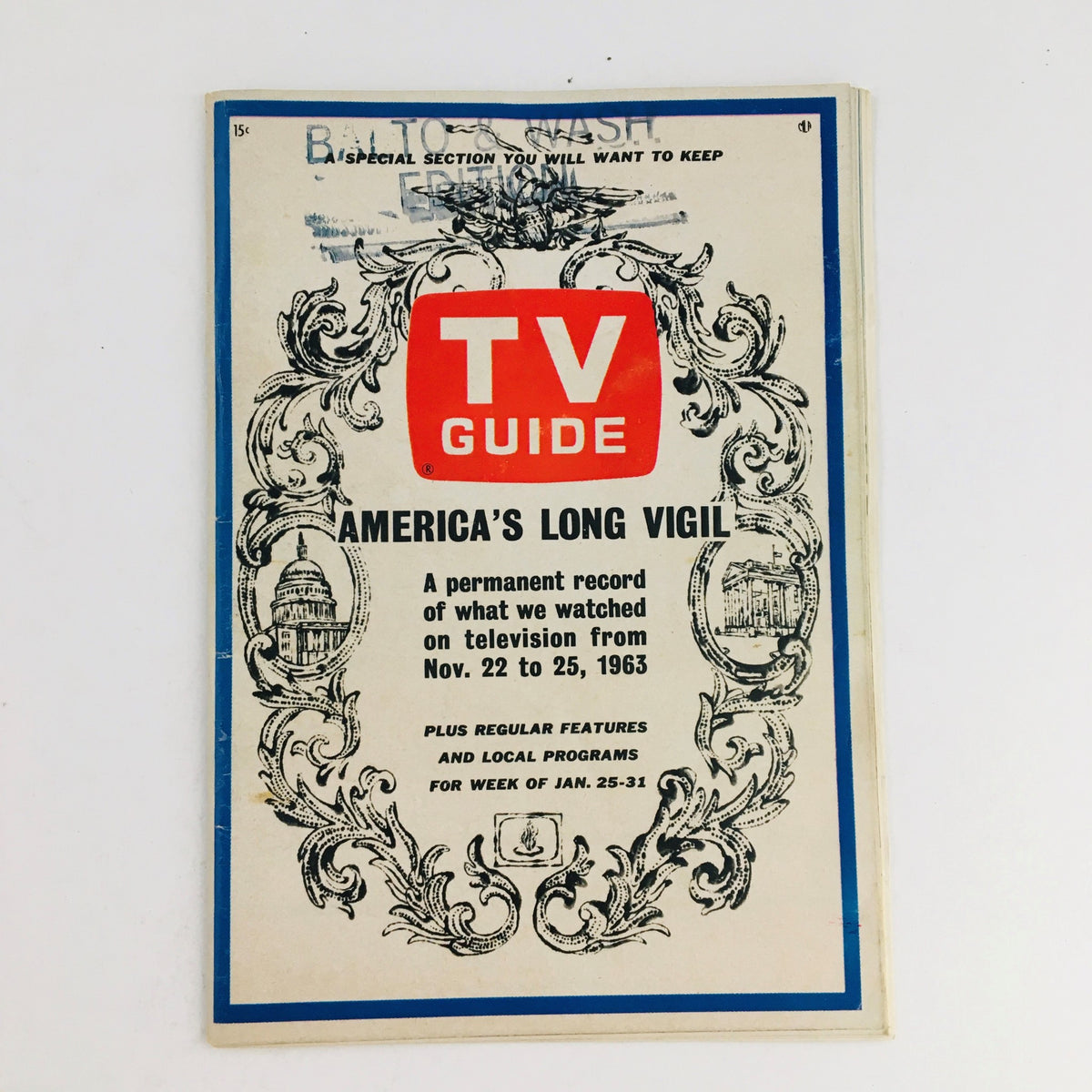 Cover of TV Guide Magazine January 25 1964 titled 'America's Long Vigil' featuring vintage design by Arthur Williams, with details on television programming.