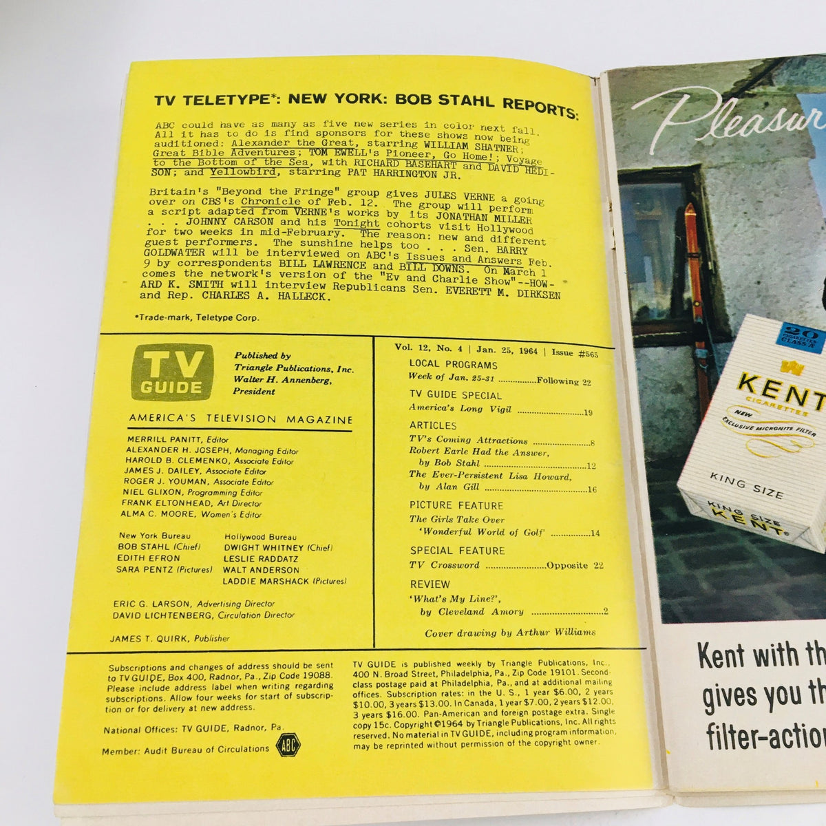 Back cover of TV Guide Magazine January 25 1964 featuring TV Teletype reports with programming details and publication information, showcasing the magazine's role in television history.