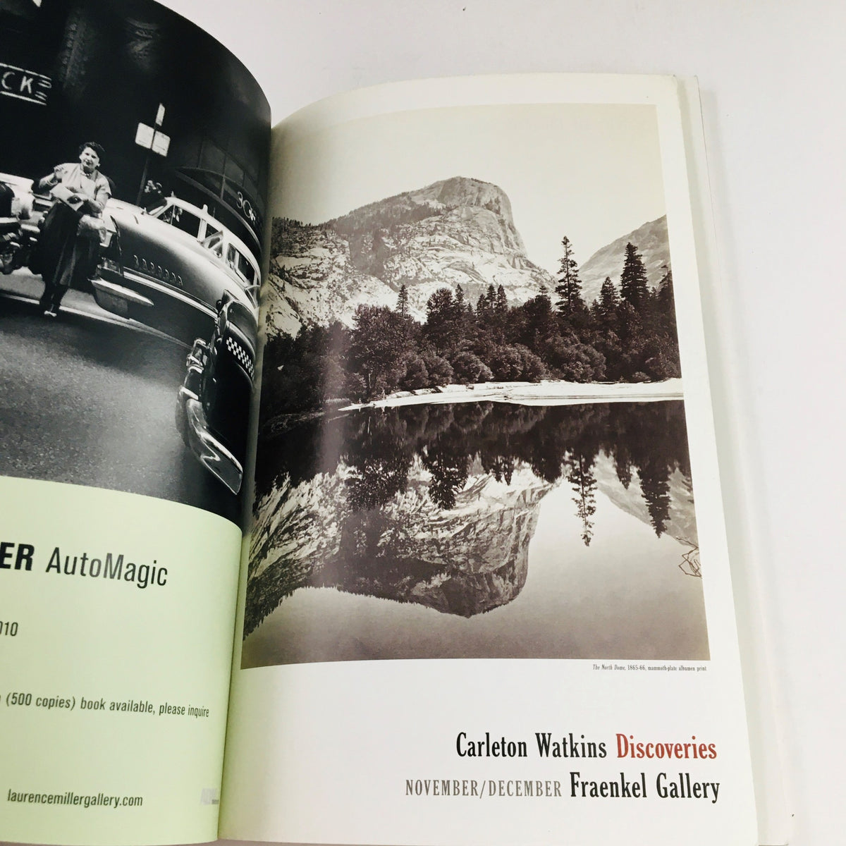 Inside spread of Photograph Magazine November 2009 showcasing an image of a mountain landscape and a vintage car, related to Carleton Watkins Discoveries.