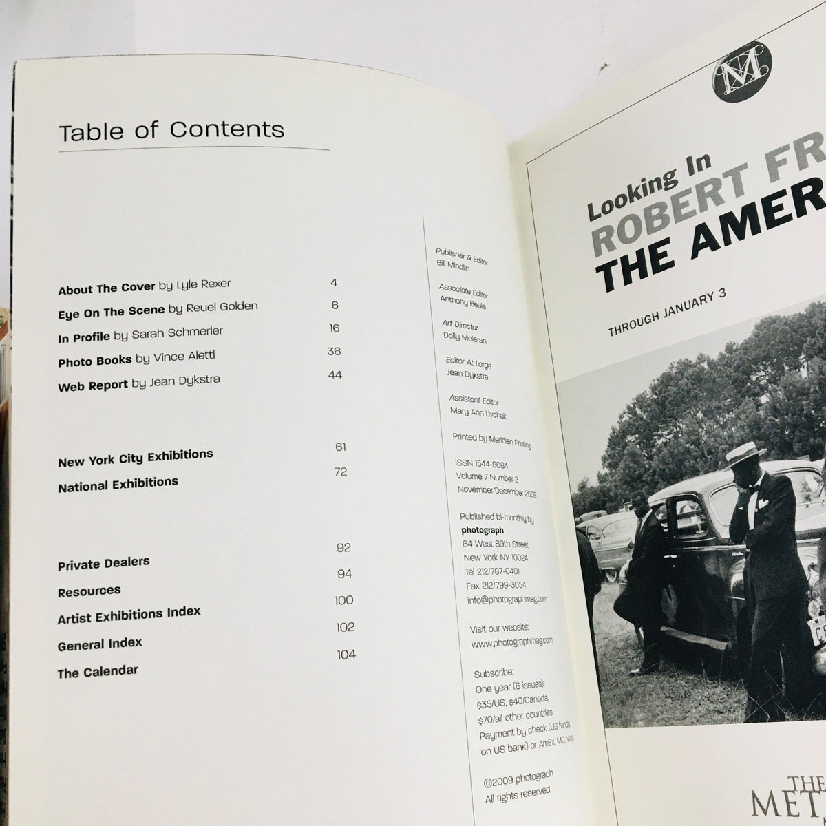 Table of contents page from Photograph Magazine November 2009, listing articles and features including Carleton Watkins Discoveries.