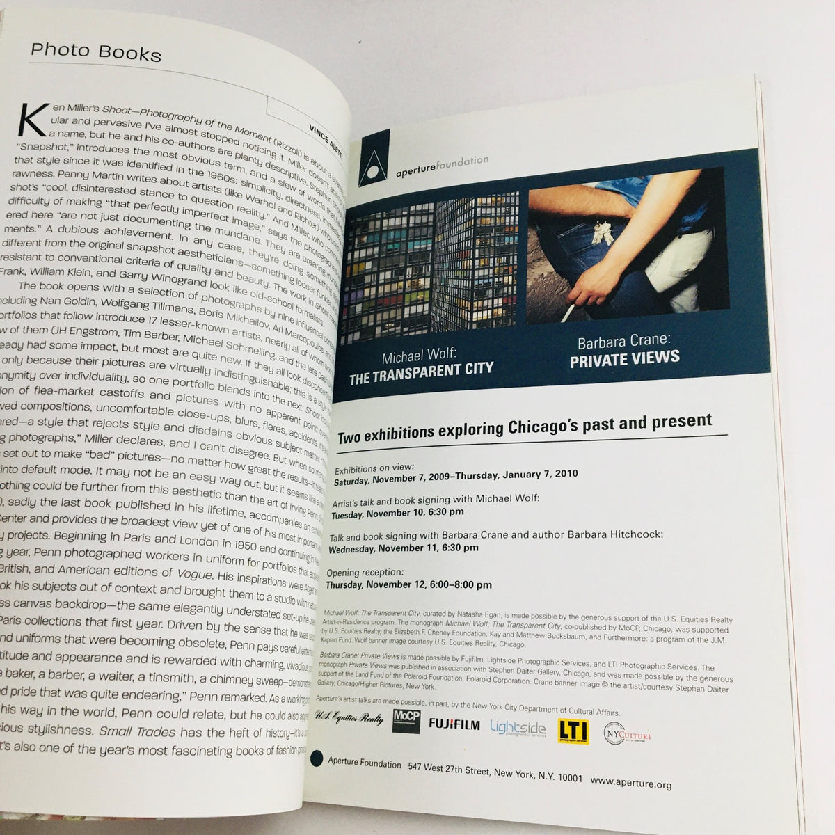 Inside view of Photograph Magazine November 2009 featuring a page about exhibitions including Michael Wolf and Barbara Crane, highlighting contemporary photography.