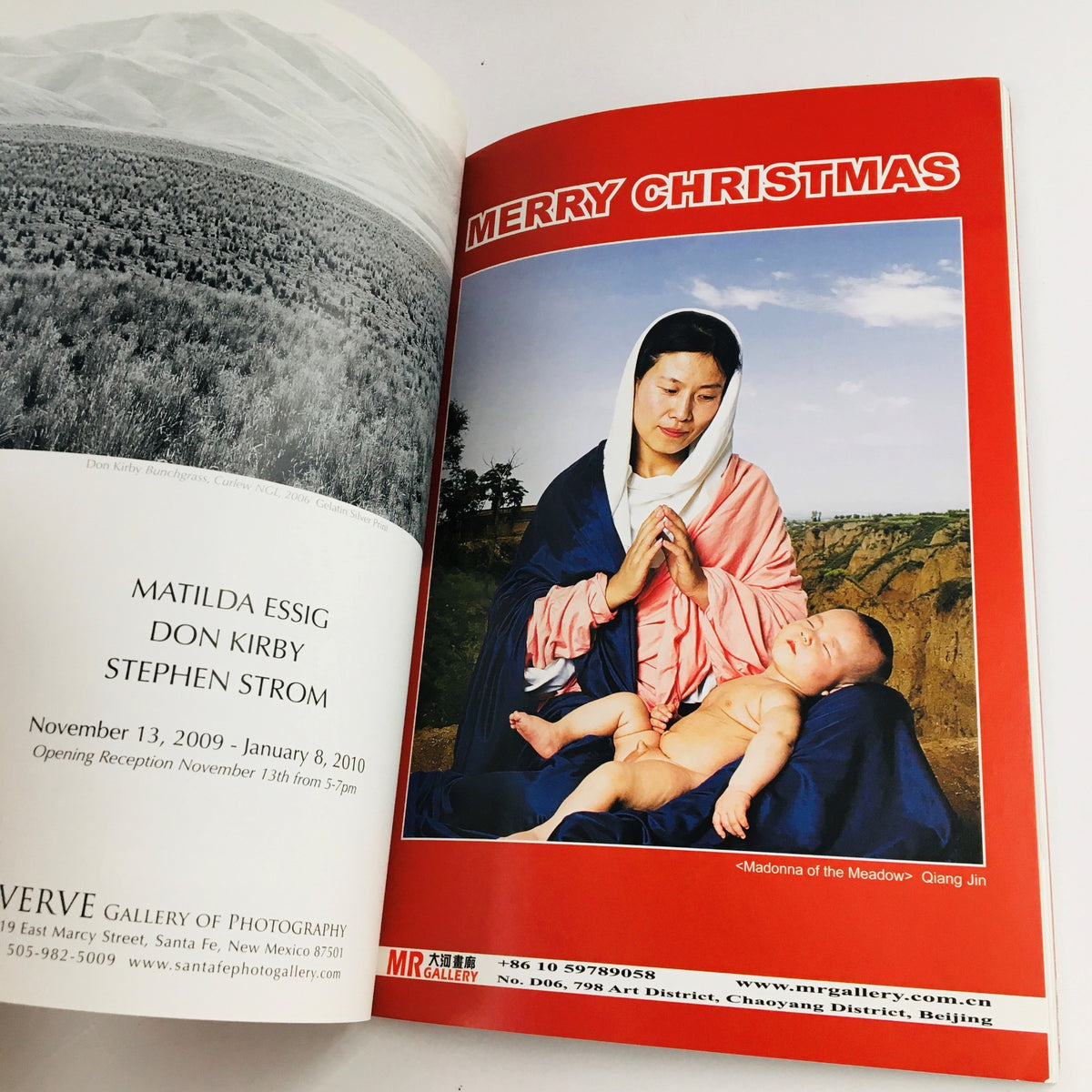 Inside view of Photograph Magazine November 2009 showcasing an advertisement for an exhibition by Matilda Essig, Don Kirby, and Stephen Strom, with a Christmas theme.