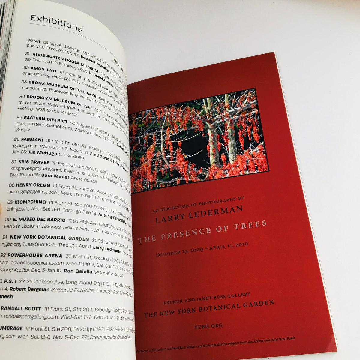 Inside view of Photograph Magazine November 2009 featuring a page about Larry Lederman's exhibition, 'The Presence of Trees,' including event details and dates.