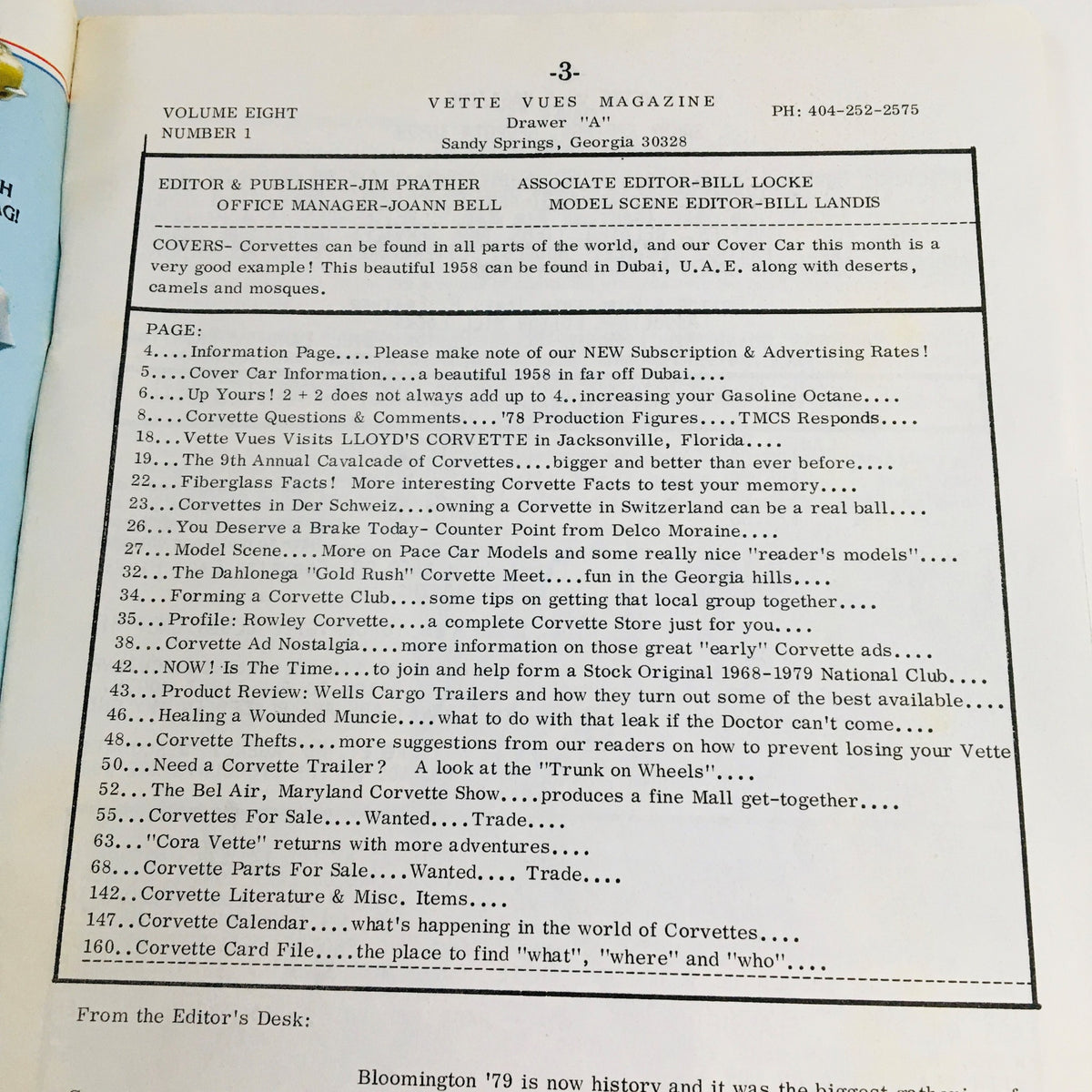 Image from Vette Vues Magazine Vol 8 #1, showcasing the editorial section with details on various articles about classic Corvettes, including features such as the 1958 Corvette found in Dubai U.A.E.