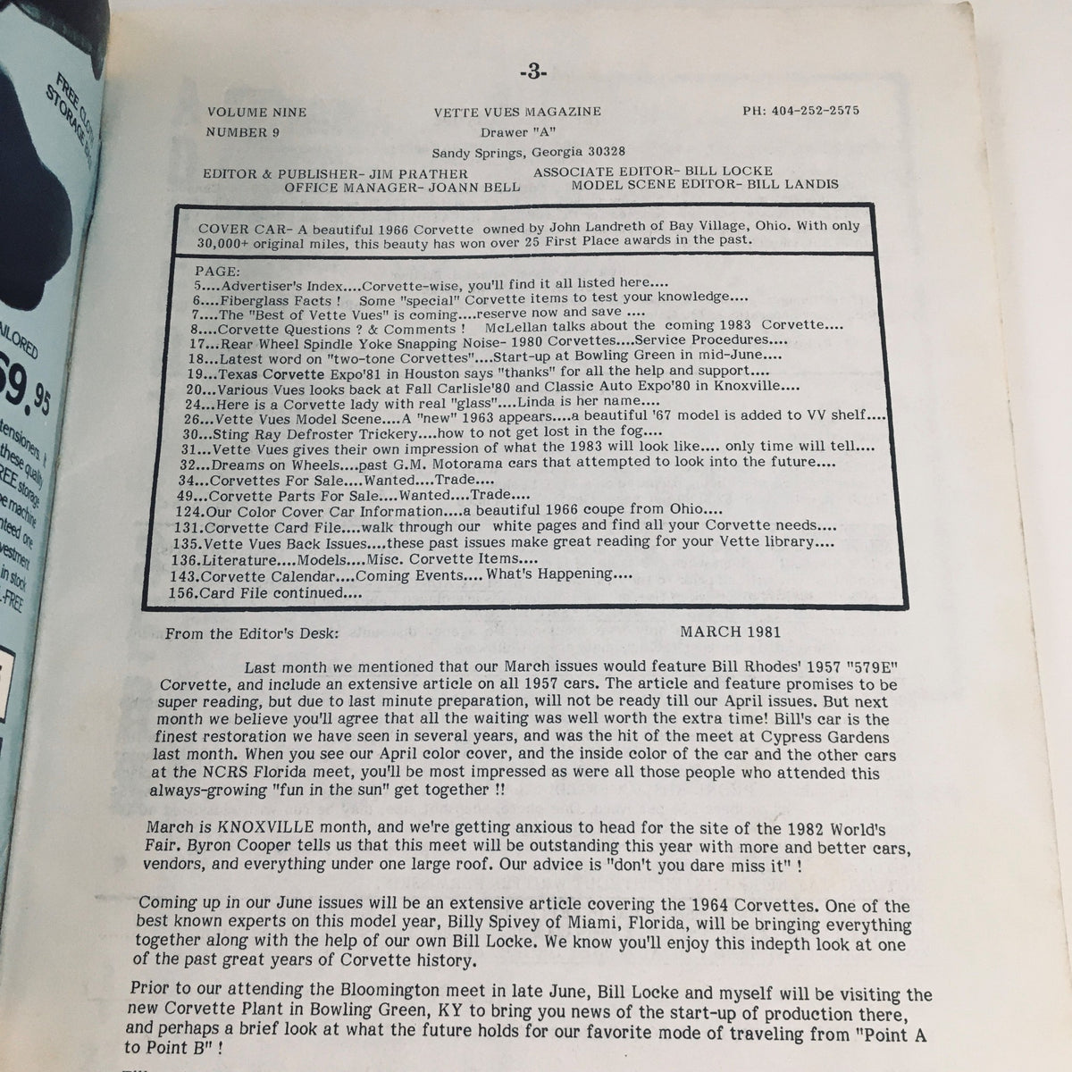 Interior page of Vette Vues Magazine March 1981 Vol 9 #9 showcasing content details and editorial notes about classic Corvettes.