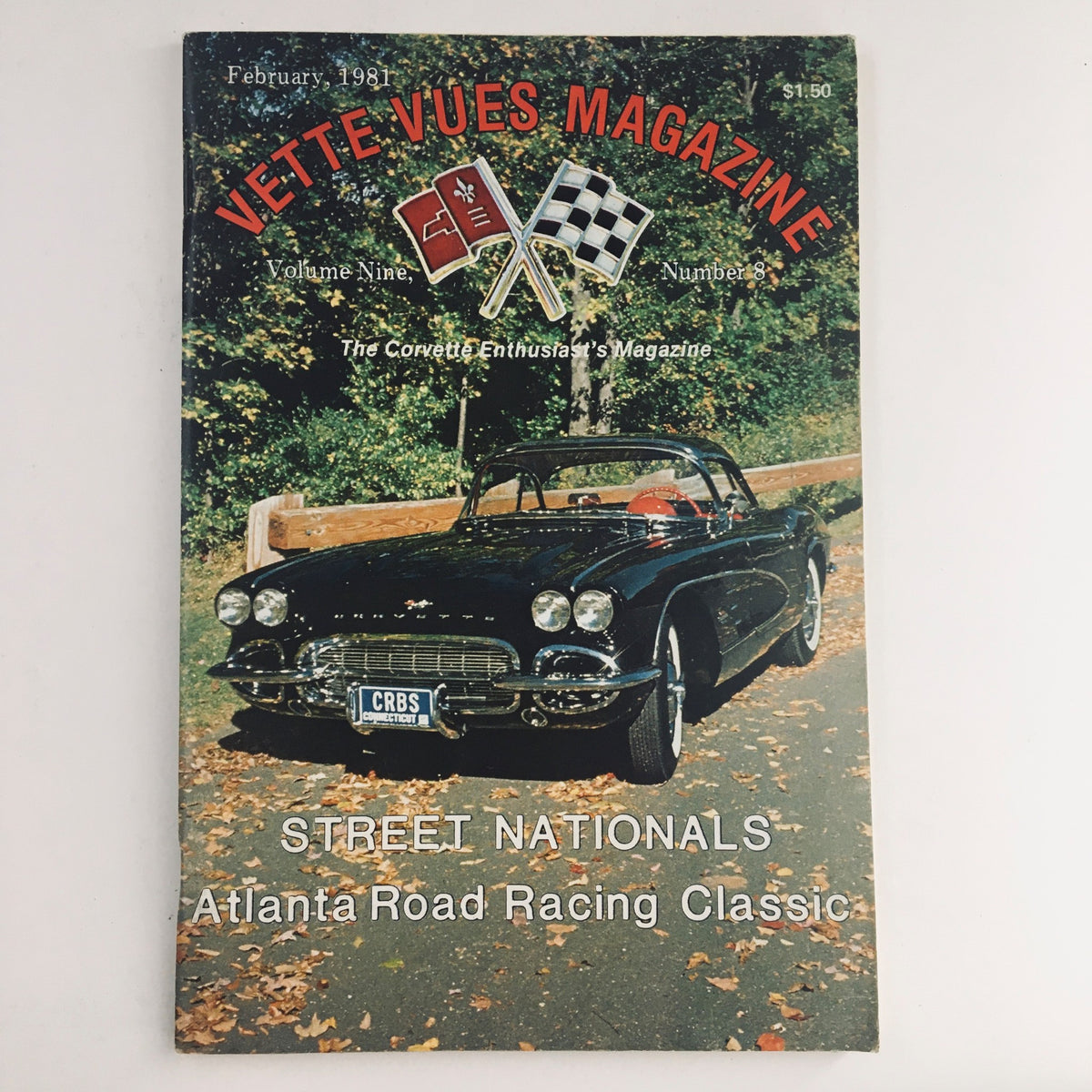 Cover of Vette Vues Magazine February 1981 Vol 9 #8 featuring a classic Corvette at the Atlanta Road Racing Classic, showcasing vibrant autumn leaves and racing flags.