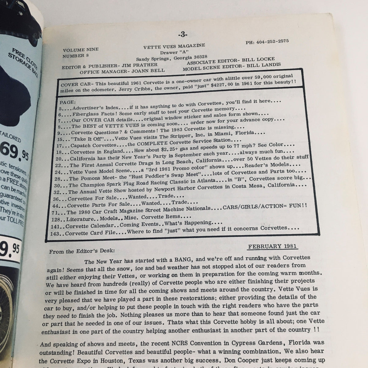 Interior page of Vette Vues Magazine February 1981 Vol 9 #8, displaying the Table of Contents and editorial notes, highlighting Corvette topics and events.