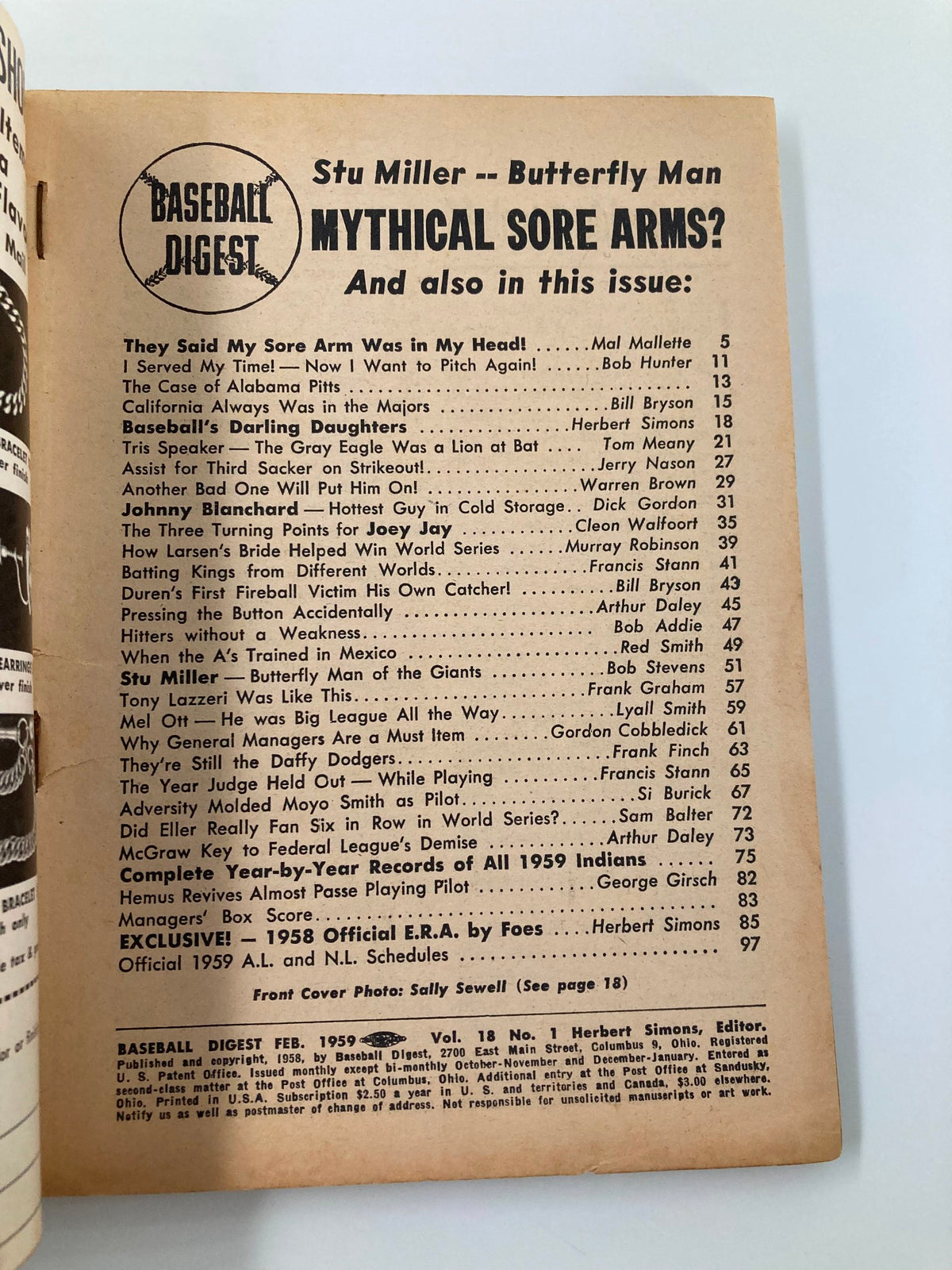 Inside page of VTG Baseball Digest February 1959, featuring a table of contents with titles such as 'Baseball's Darling Daughters' and various articles related to baseball, highlighting the magazine's diverse features.