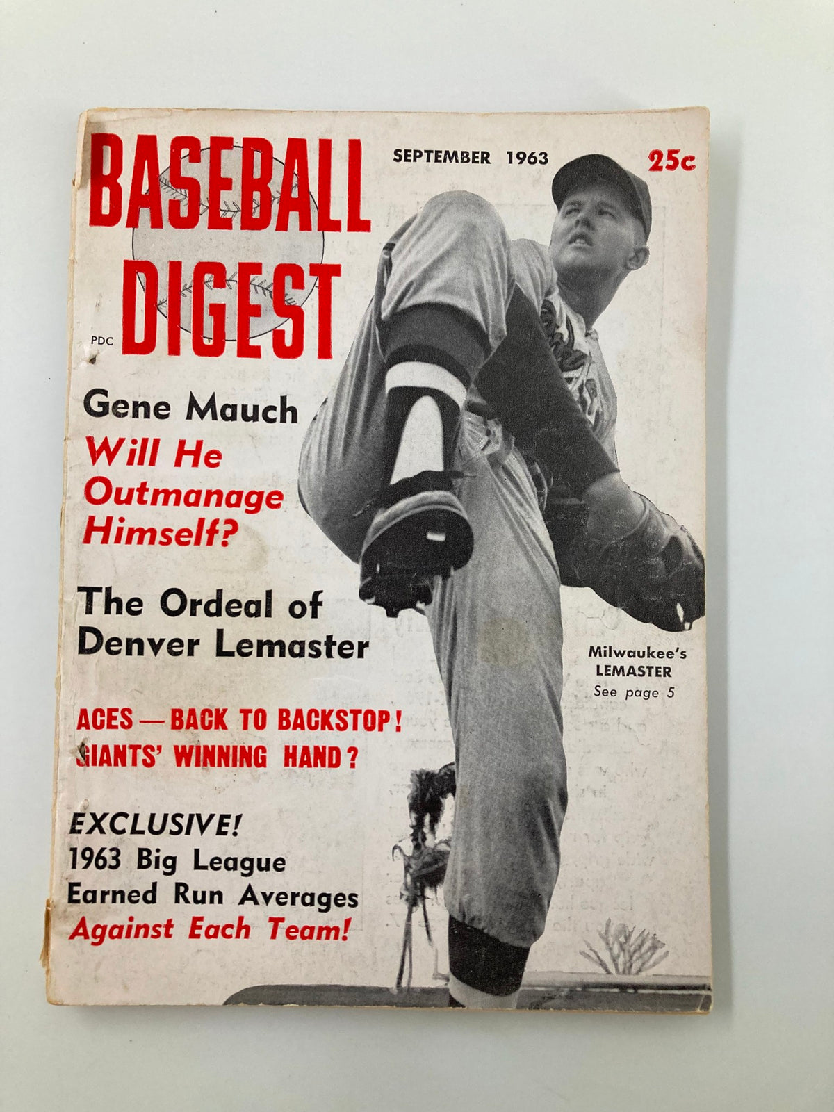 VTG Baseball Digest September 1963 cover featuring 'The Ordeal of Denver Lemaster', highlighting articles by Gene Mauch and 1963 Big League Earned Run Averages.