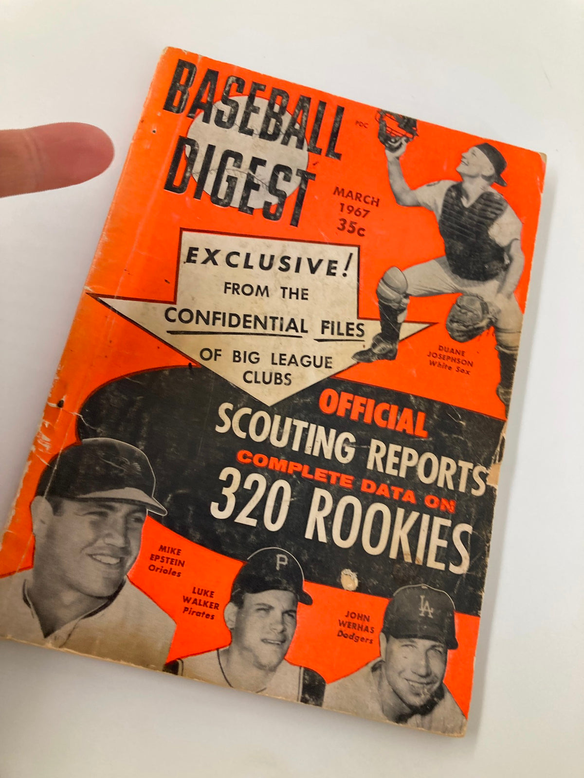 Close-up of the cover of VTG Baseball Digest March 1967 displaying Duane Josephson, Mike Epstein, and Luke Walker, with emphasis on exclusive insights from big league clubs.