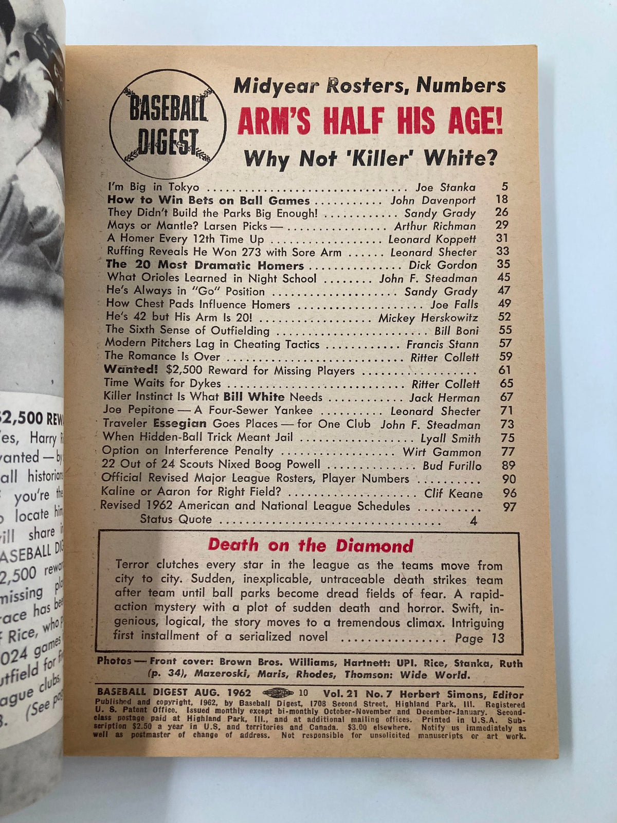 Inside page of VTG Baseball Digest August 1962 showing midyear rosters and articles including 'How to Win Bets on Ball Games' and 'Death on the Diamond'.