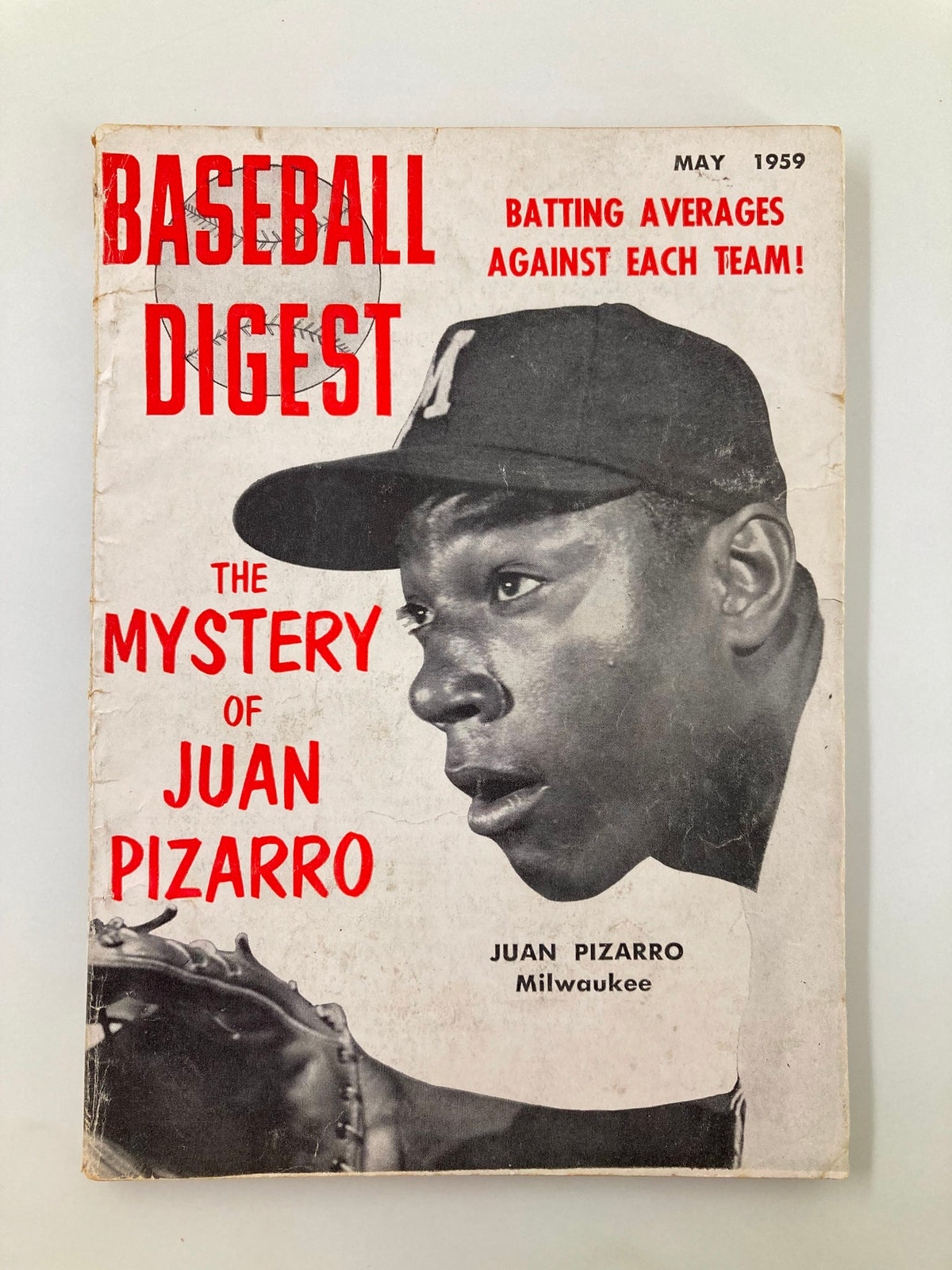 Cover of VTG Baseball Digest May 1959 featuring 'The Mystery of Juan Pizarro', showcasing a baseball player in profile with bold red text.